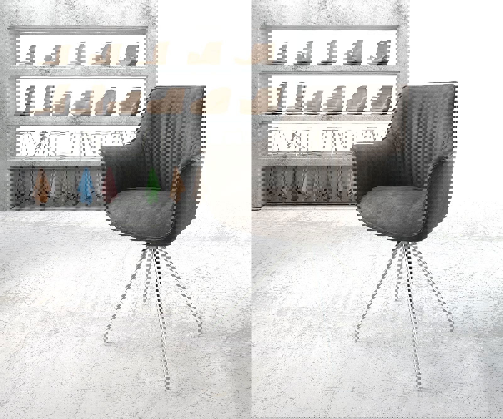 Chaise-de-salle-à-manger Keila-Flex avec accoudoirs microvelours anthracite vintage pied croisé conique acier inoxydable brossé