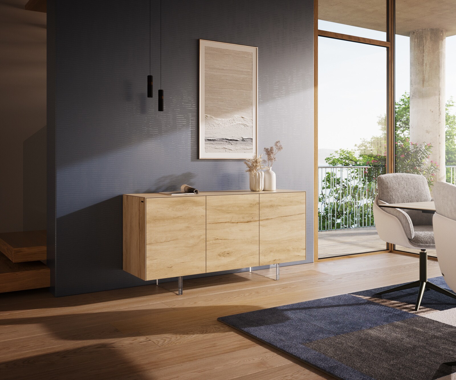 Buffet Cuor 150 cm Céramique Laminam® Sabbia Teinte chêne 3 Portes Pied optique flottant Verre acrylique 1