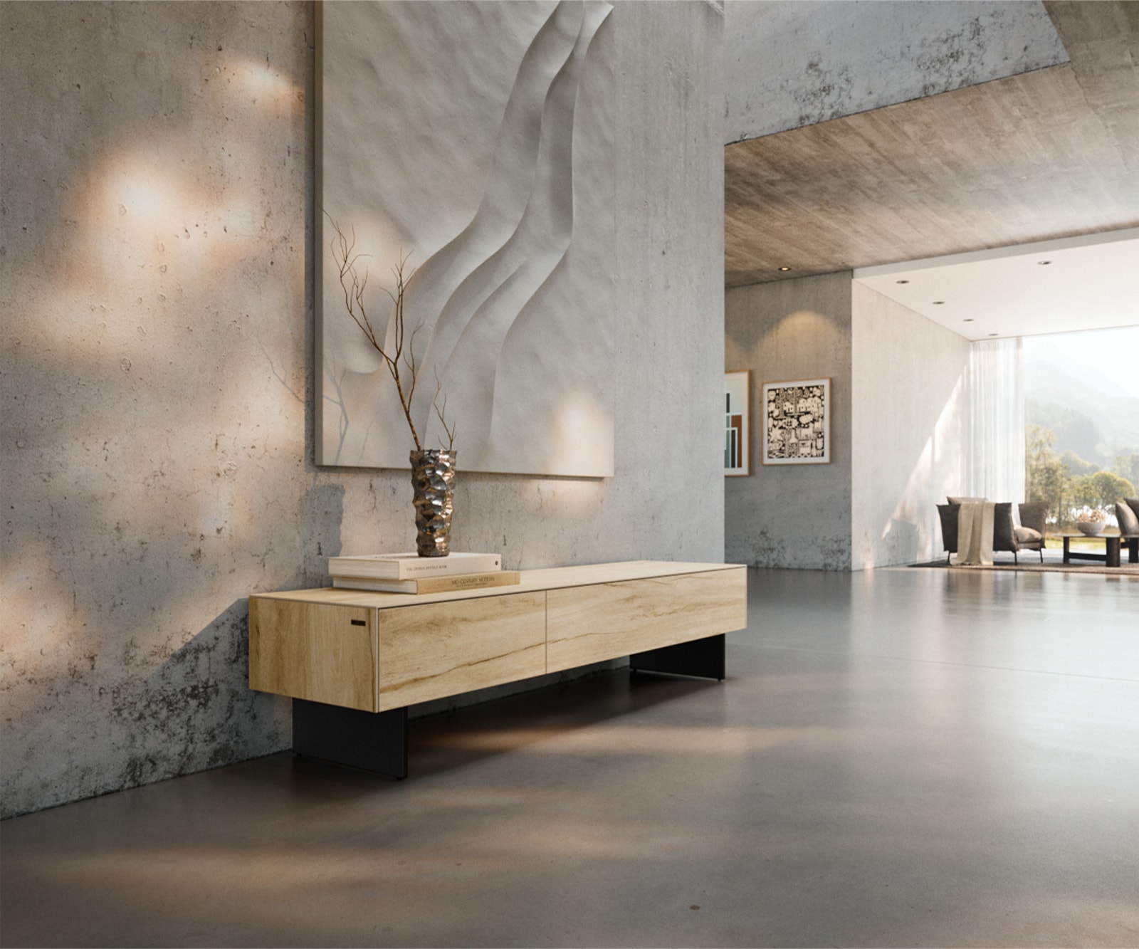 Meuble-TV Cuor 150 cm Céramique Laminam® Sabbia Teinte chêne 1 Clapet 1 Tiroir Pied optique flottant Métal Noir