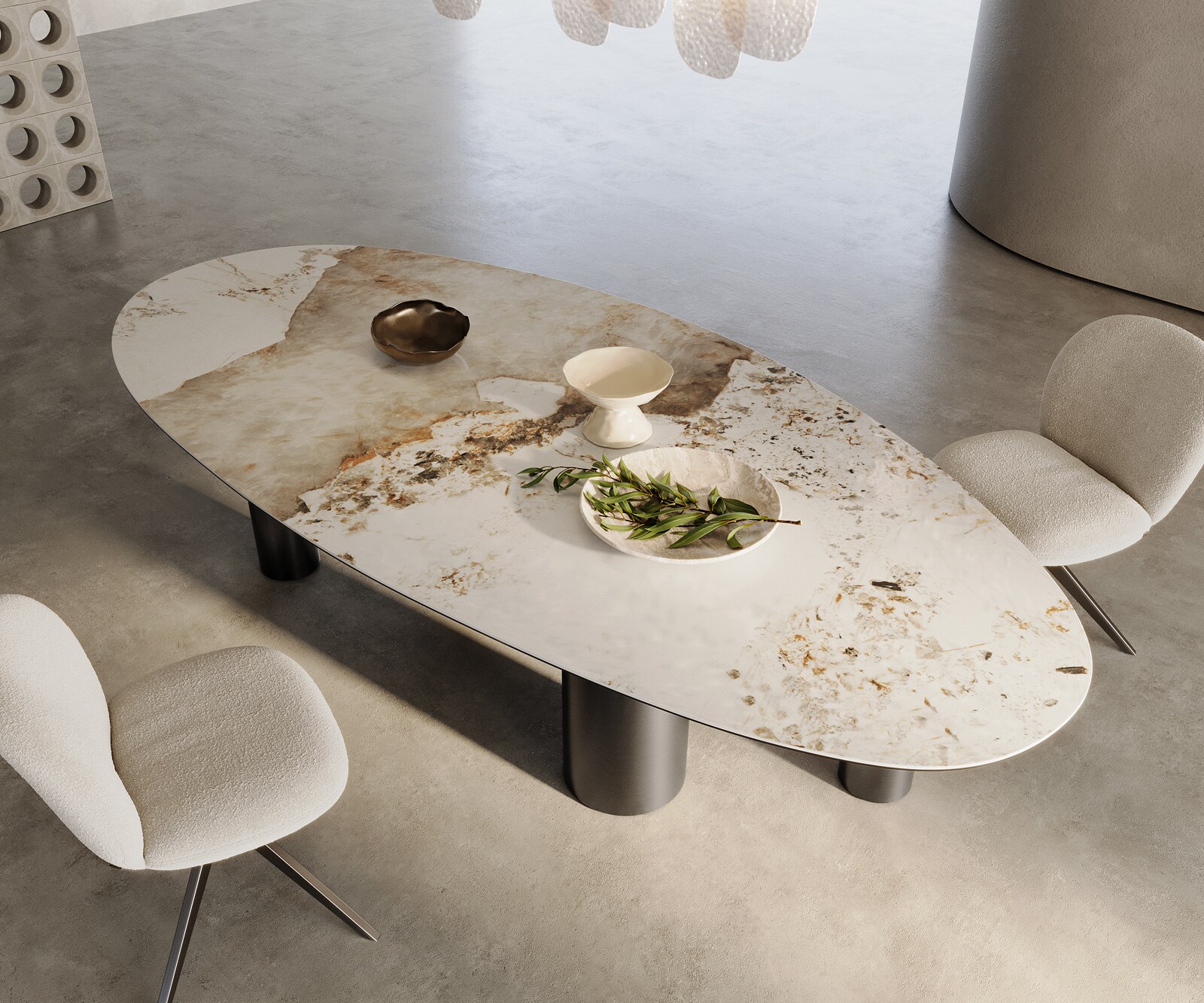 Table à manger Edge Ovale 280x130 Céramique Minas Melange Blanc-Beige Pilier Acier inoxydable Graphite 2