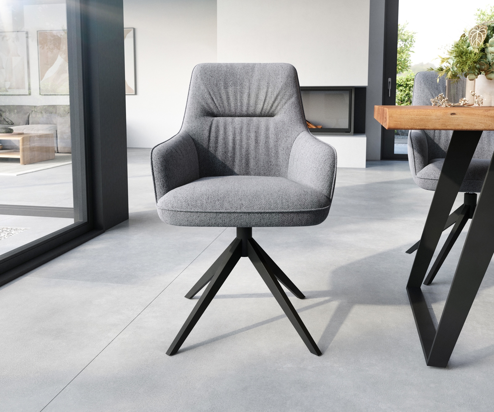 Chaise-de-salle-à-manger Zelia-Flex avec accoudoirs tissu texturé gris clair pied croisé large noir ressorts ensachés 1 Chaise-de-salle-à-manger Zelia-Flex avec accoudoirs tissu texturé gris clair pied croisé large noir ressorts ensachés 1