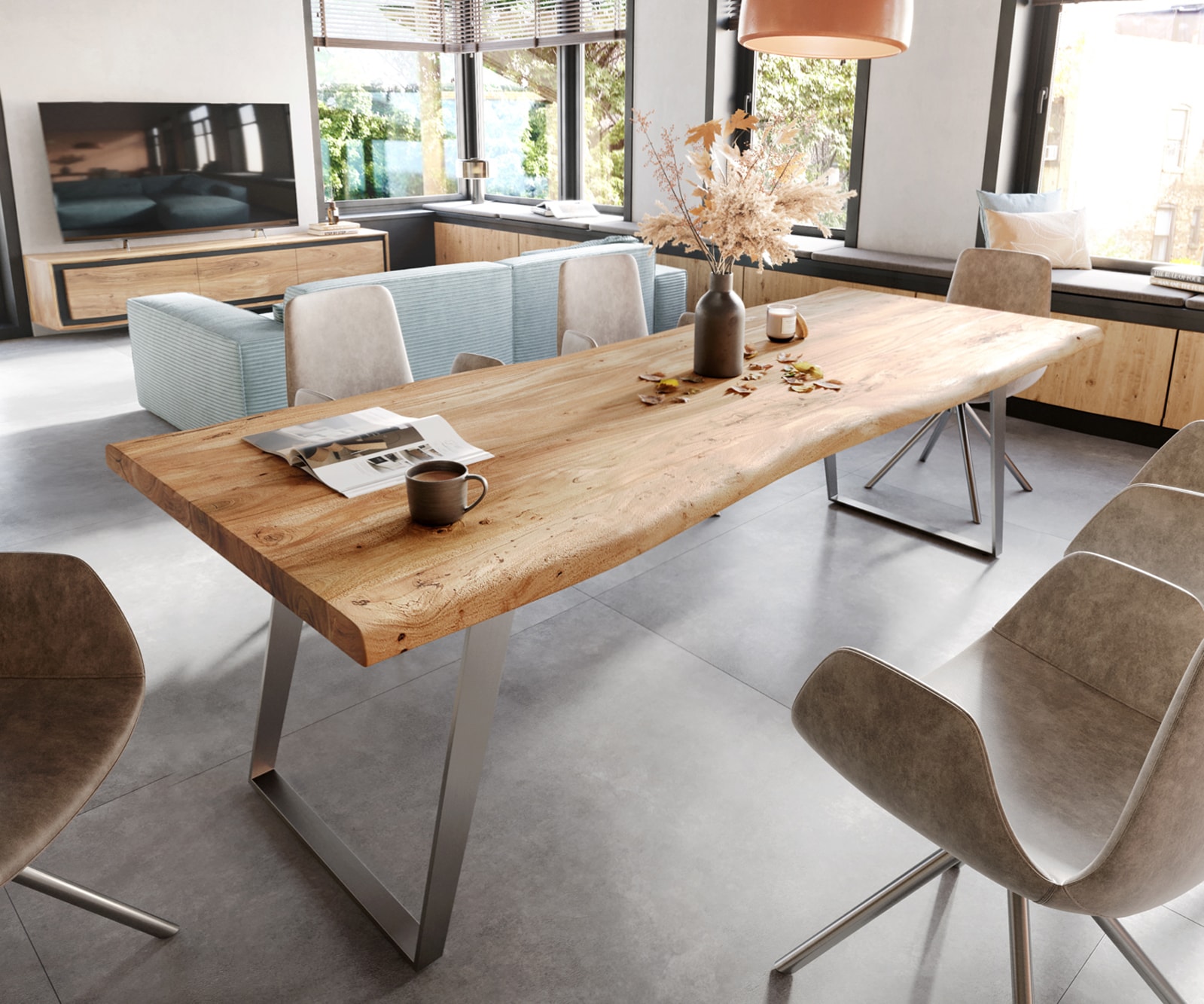 Table à manger Edge 280x100 XL acacia nature acier inoxydable inclinée Live-Edge Table à manger Edge 280x100 XL acacia nature acier inoxydable inclinée Live-Edge