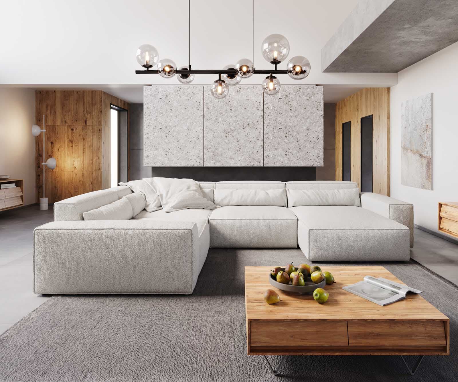 Canapé panoramique Sirpio XL 360x260 cm Bouclee Crème-blanc Recamiere variable 2