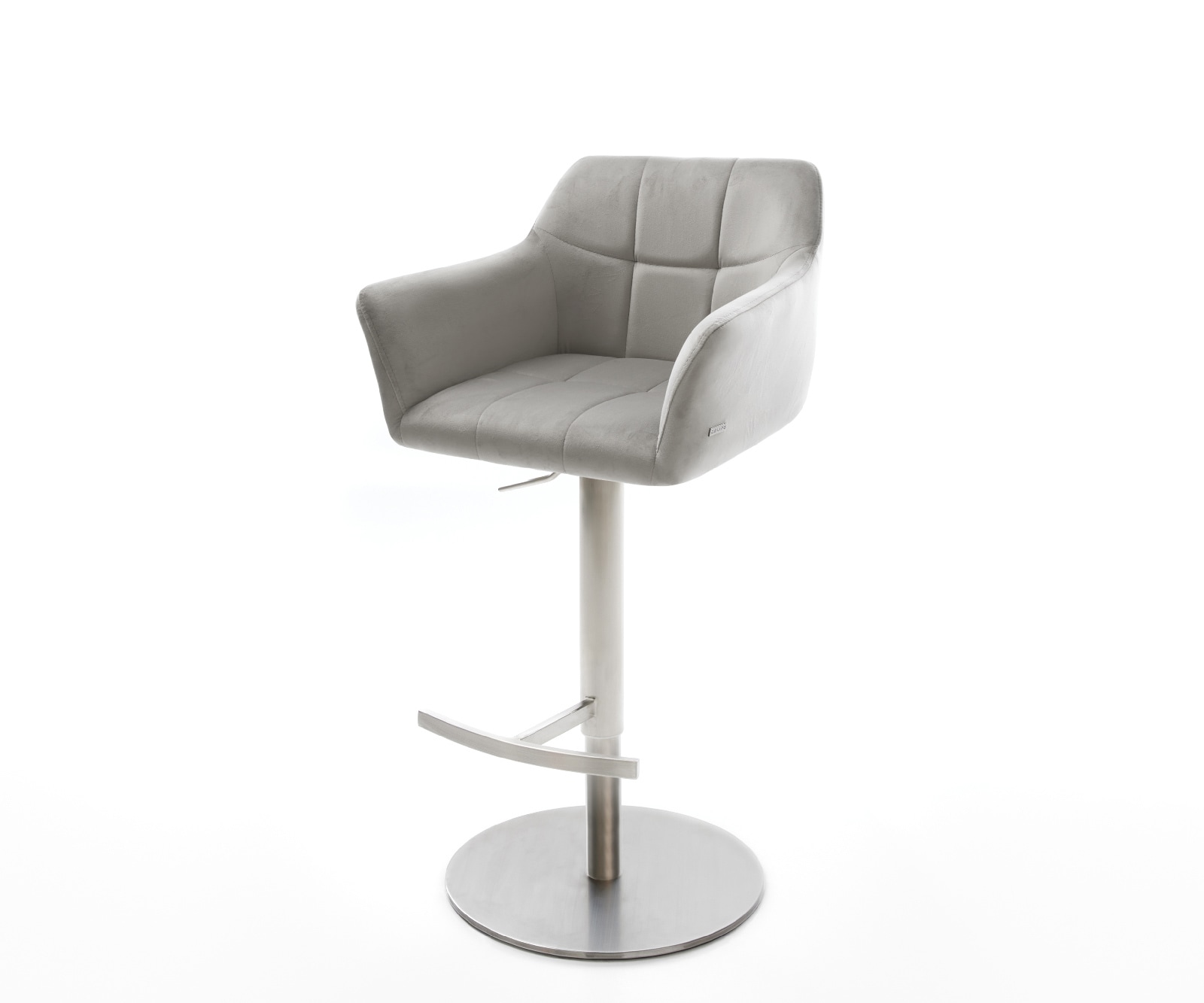 Chaise-de-bar Yulo-Flex velours gris pied pivotant réglable en hauteur acier inoxydable Chaise-de-bar Yulo-Flex velours gris pied pivotant réglable en hauteur acier inoxydable