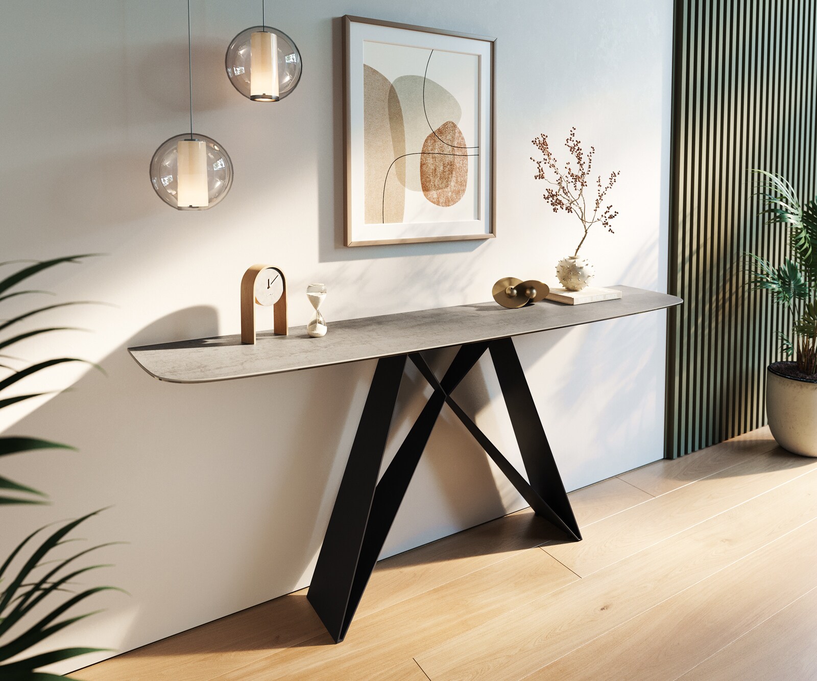 Console Edge forme bateau 180x40 cm Céramique Gris béton Velio Métal Noir 1