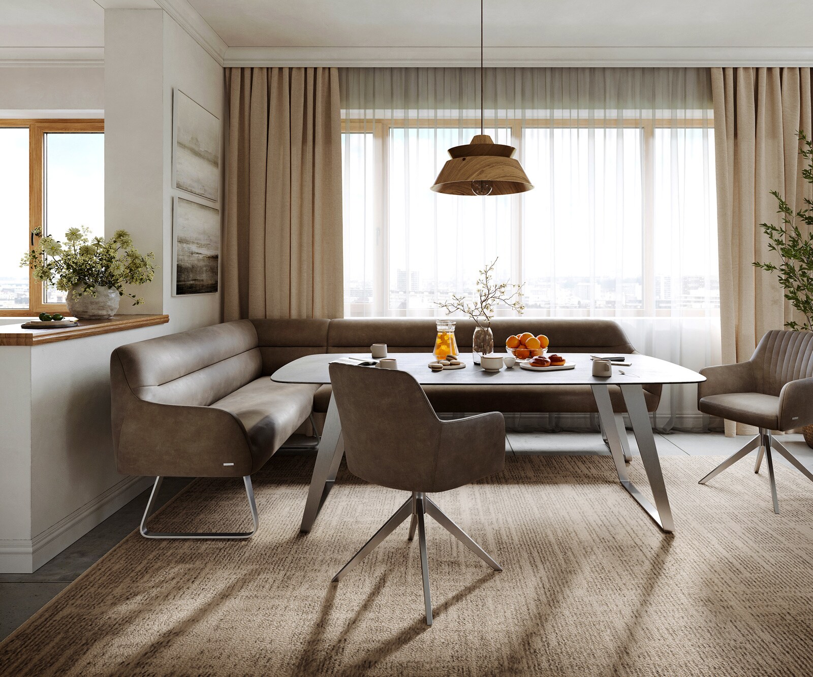 Banc-de-salle-à-manger Taya-Flex 285x190 cm microfibre taupe vintage châssis à patins plat acier inoxydable ressort ensaché à droite 2