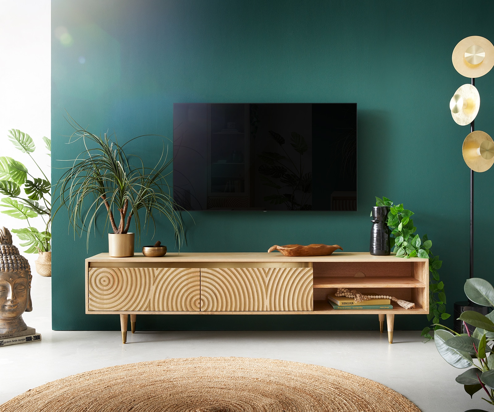 Meuble-TV Budaya 175 cm manguier naturel 2 portes pieds coniques 1 
Meuble-TV Budaya 175 cm manguier naturel 2 portes pieds coniques 1