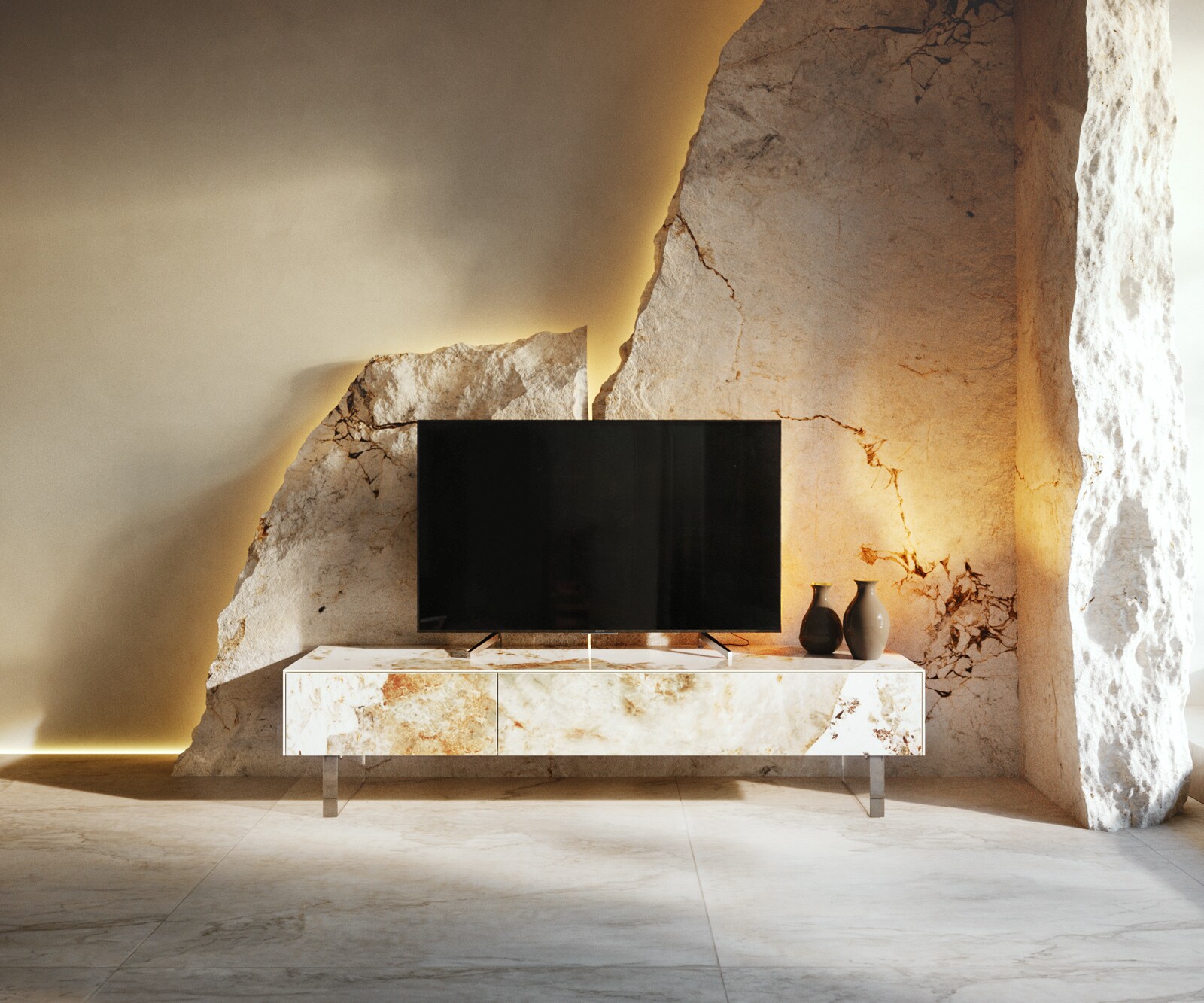 Meuble-TV Cuor 150 cm Céramique Minas Melange Blanc-beige 1 Clapet 1 Tiroir Pied optique flottant Verre acrylique