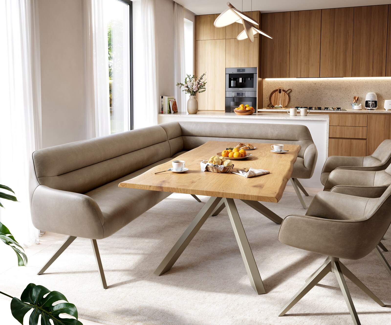 Banc-de-salle-à-manger Taya-Flex 285x190 cm microfibre beige vintage pied croisé angulaire titane ressort ensaché liens 1