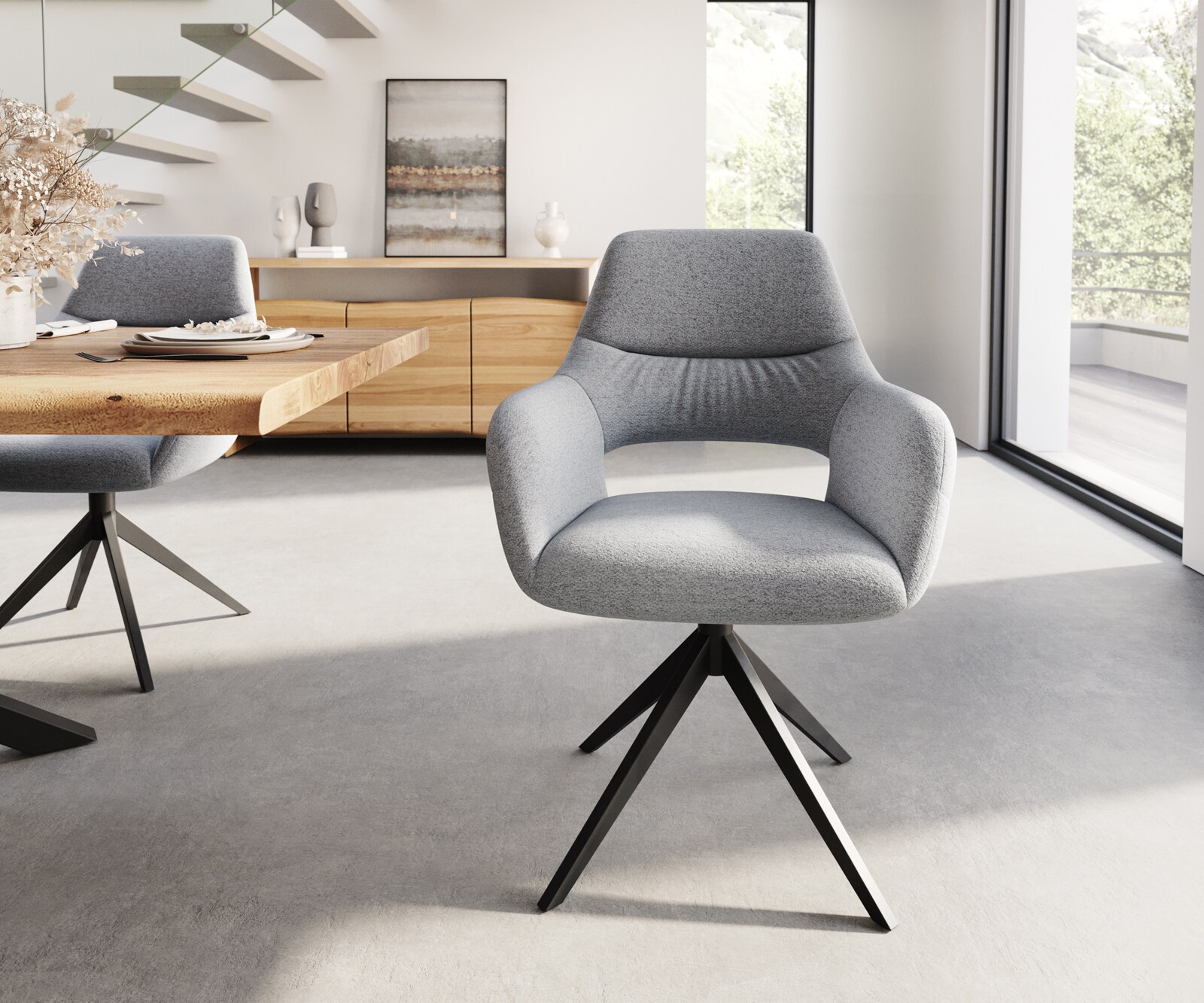 Chaise-de-salle-à-manger Yago-Flex avec accoudoirs tissu texturé gris clair pied croisé large noir ressorts ensachés 1 Chaise-de-salle-à-manger Yago-Flex avec accoudoirs tissu texturé gris clair pied croisé large noir ressorts ensachés 1