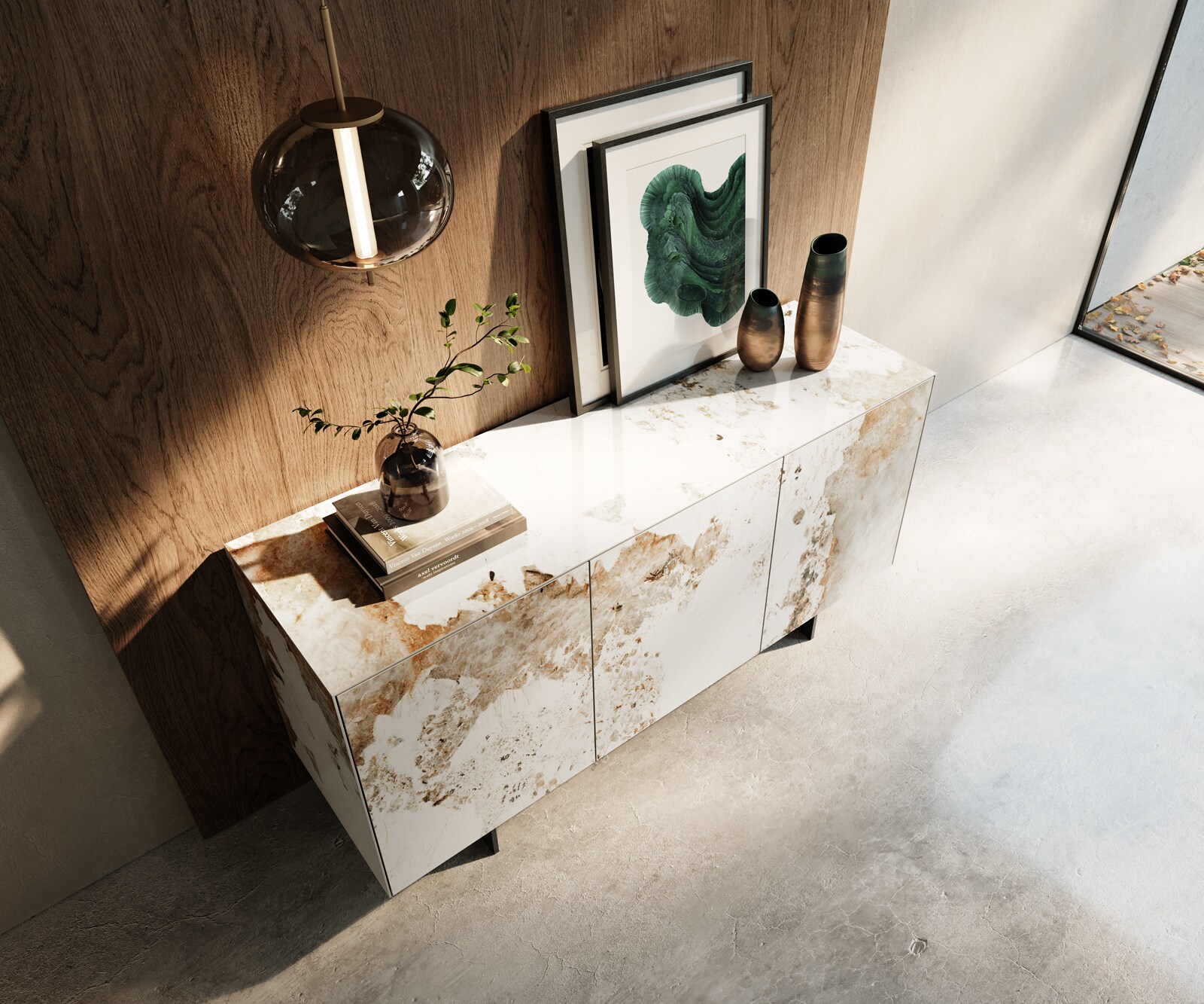 Buffet Cuor 150 cm Céramique Minas Melange Blanc-beige 3 Portes Pied optique flottant Métal Noir 3