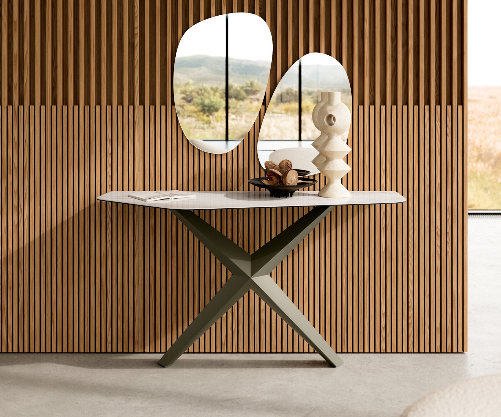 Console Edge Polygonal 140x50 cm Céramique Onyx Champagne Zentharo Métal Effektfinish Titan 1