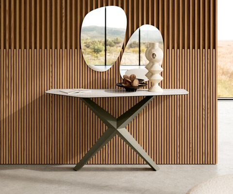Console Edge Polygonal 140x50 cm Céramique Onyx Champagne Zentharo Métal Effektfinish Titan