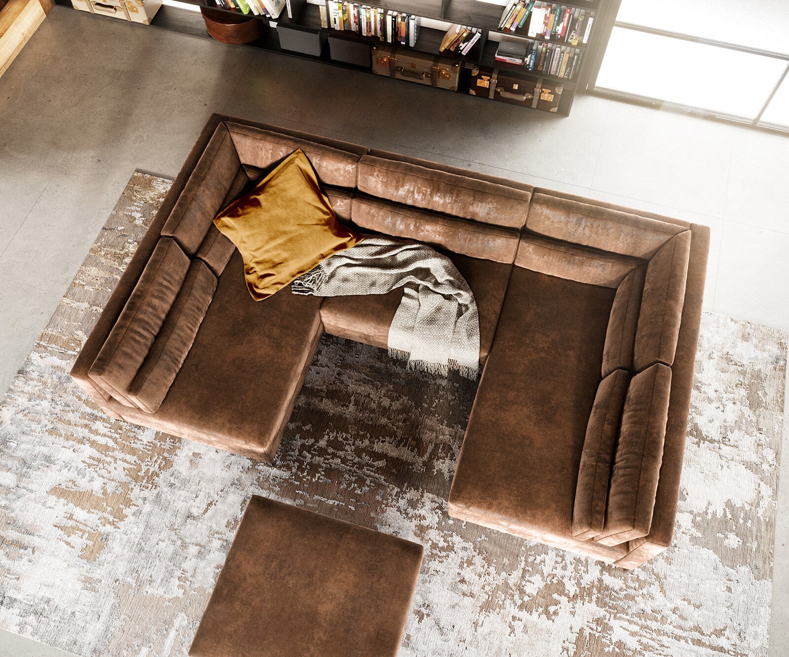 Canapé-panoramique Elio 300x185 cm simili cuir vintage marron antique avec pouf 4