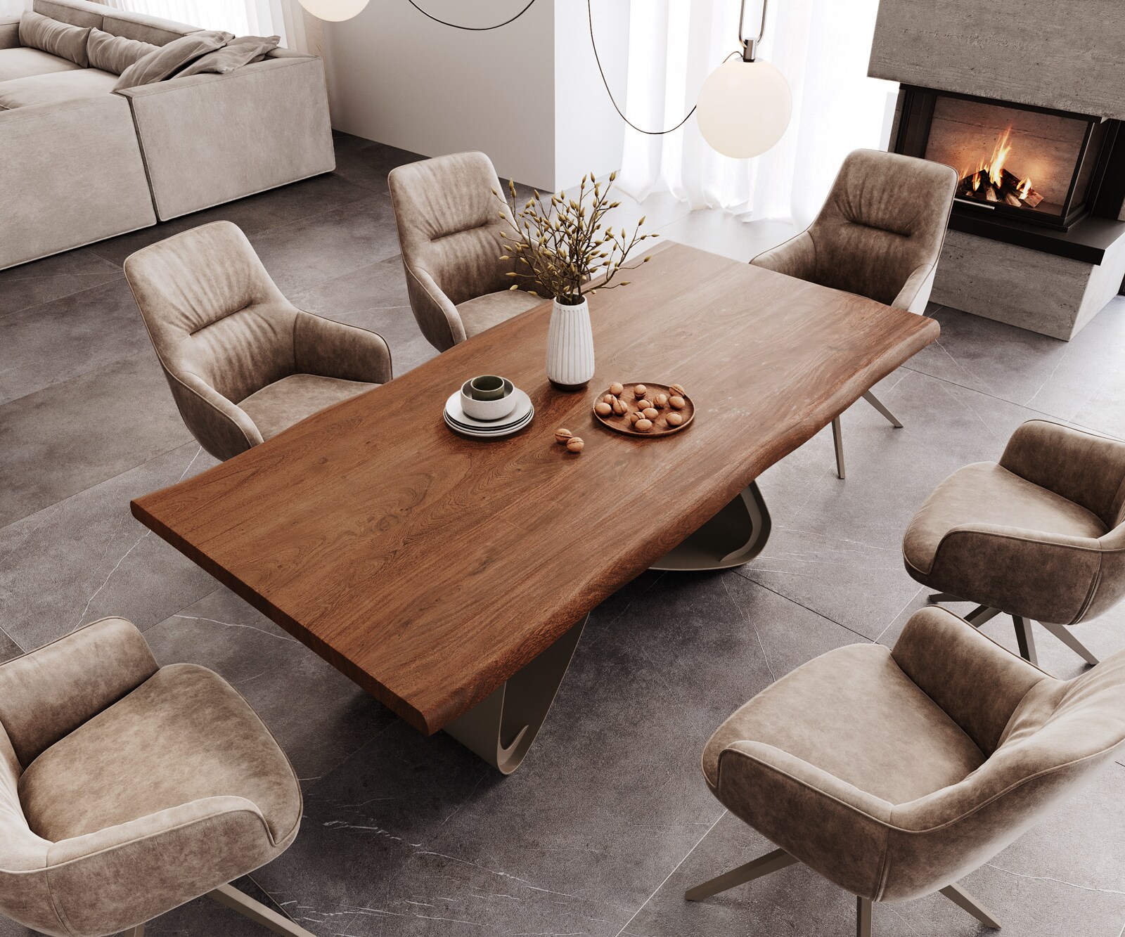 Table à manger Edge 200x100 XL Acacia Marron Cadre en W Métal finition à effet Titane Live-Edge 3