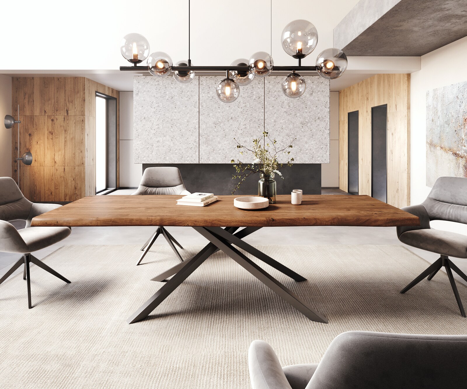 Table à manger Edge 260x100 XL acacia marron cadre croisé rectangle noir Live-Edge 1
