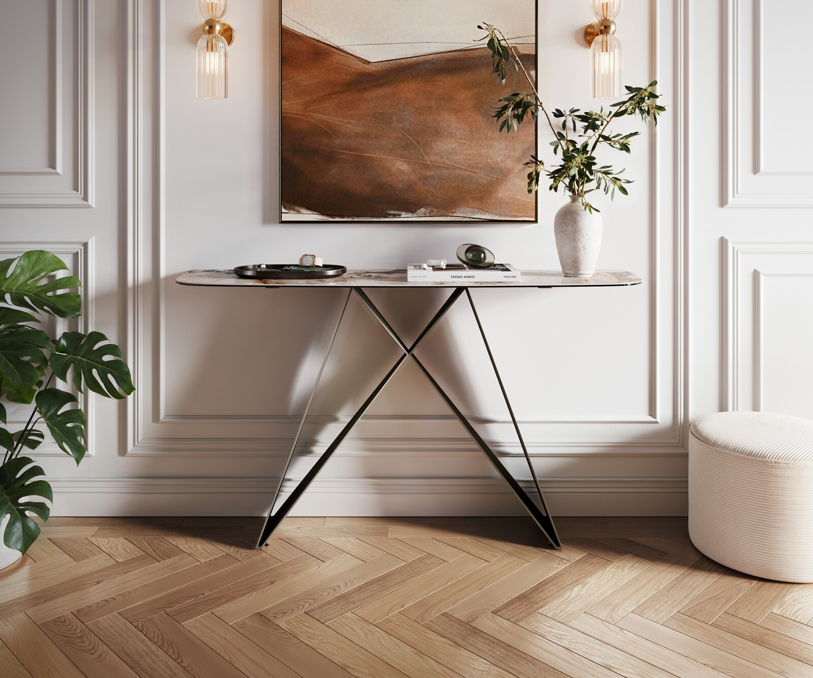 Console Edge forme bateau 140x40 cm Céramique Patagonia Poliert Velio Métal Effektfinish Titan 2
