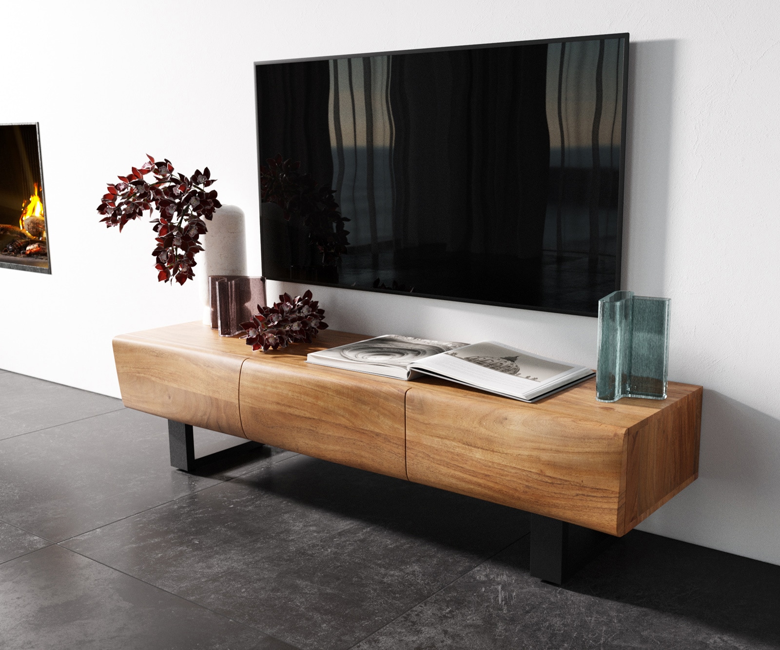 Meuble - TV New Live-Edge 145 cm acacia naturel 3 portes patin métal noir