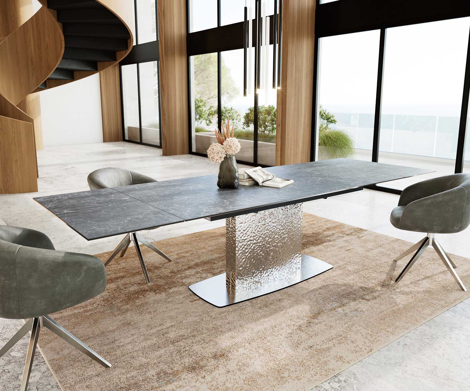 Table à manger Edge 200-300x100 céramique Laminam®Nero Greco gris Wave acier inoxydable extensible 5