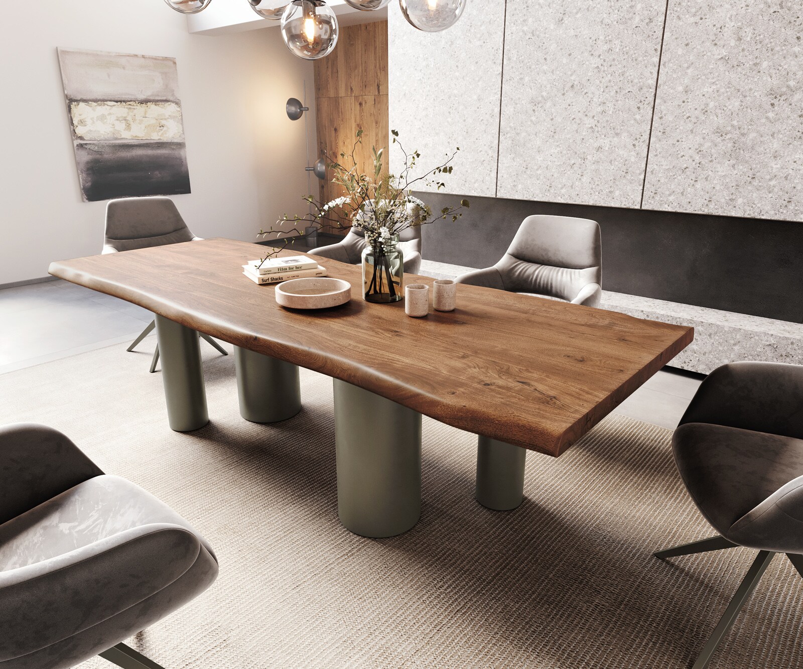 Table à manger Edge 260x100 XL Acacia Marron Pilier Métal finition à effet Titane Live-Edge 1