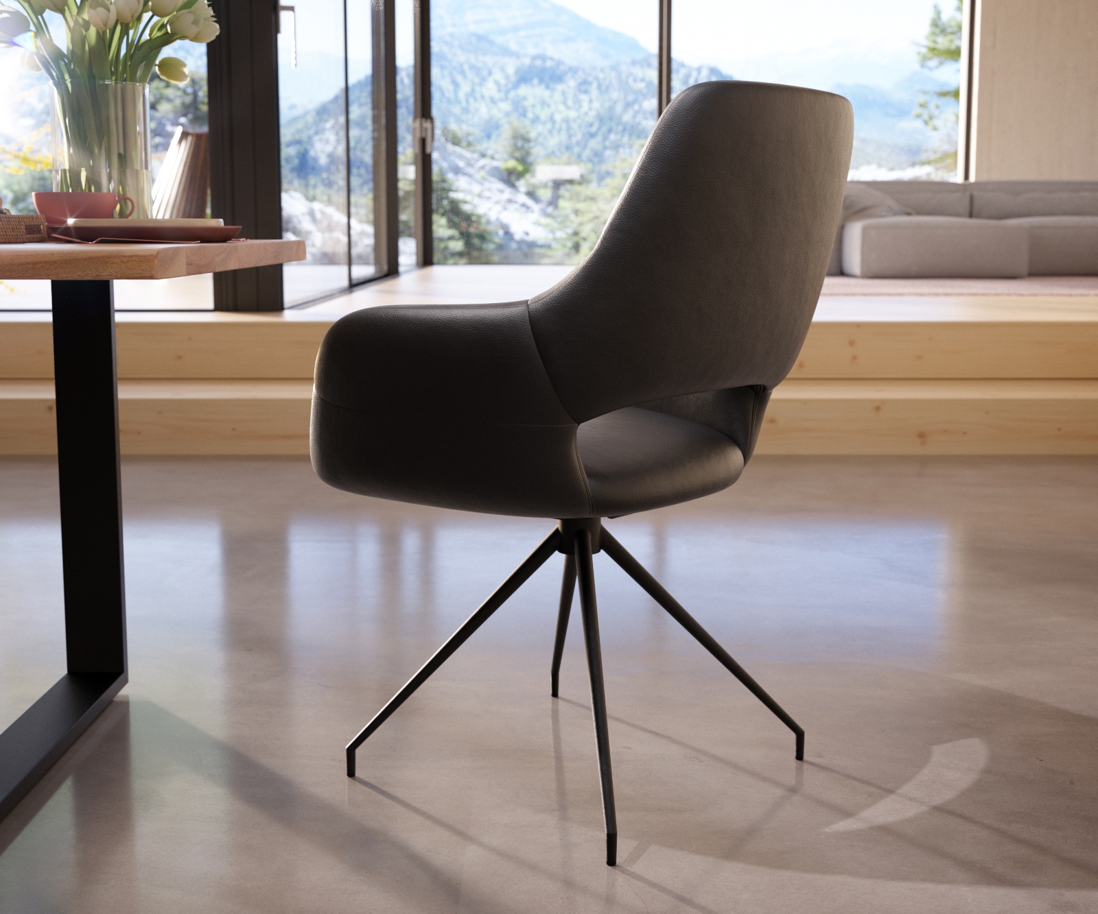 Chaise-de-salle-à-manger Yago-Flex avec accoudoirs cuir de vache noir pied croisé conique noir ressorts ensachés 4 Chaise-de-salle-à-manger Yago-Flex avec accoudoirs cuir de vache noir pied croisé conique noir ressorts ensachés 4