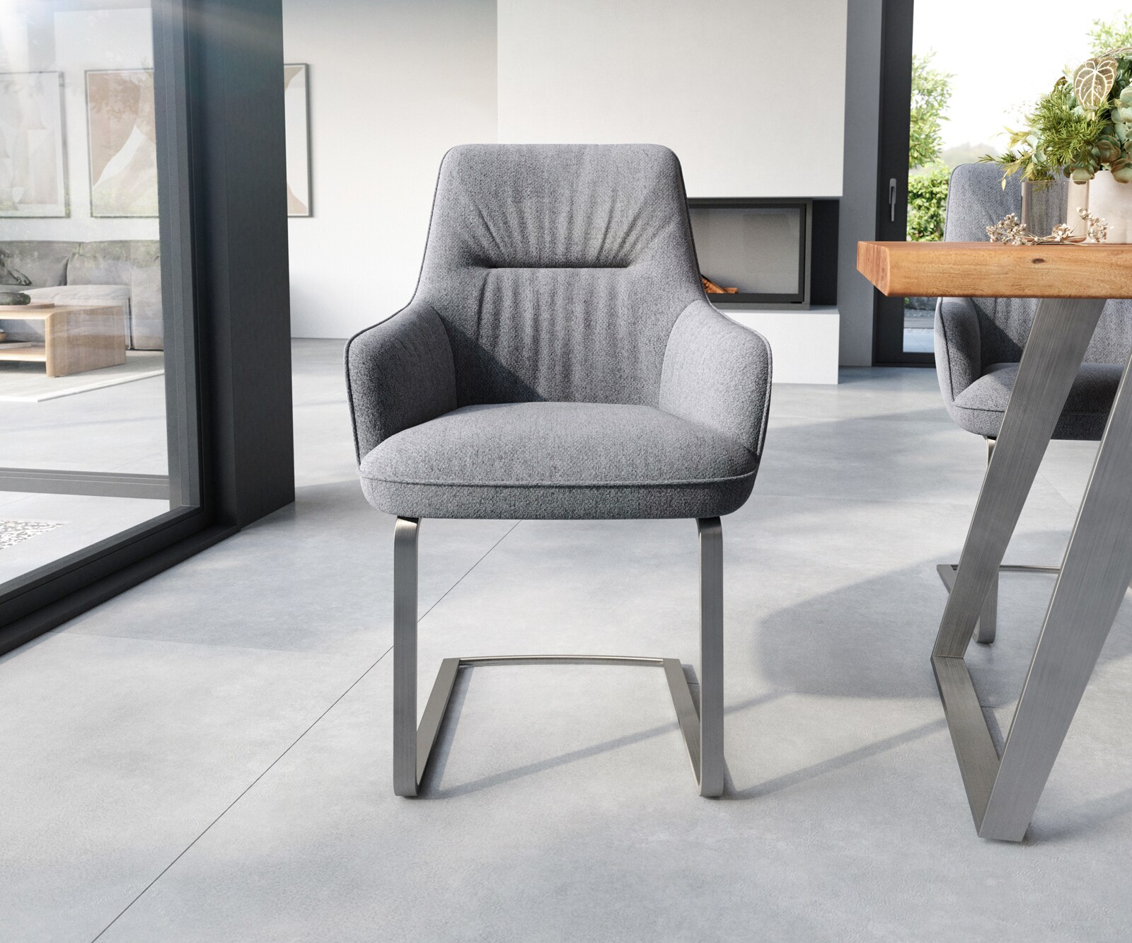 Cantilever Zelia-Flex avec accoudoirs tissu texturé gris clair pied cantilever plat acier inoxydable brossé ressorts ensachés 1 Cantilever Zelia-Flex avec accoudoirs tissu texturé gris clair pied cantilever plat acier inoxydable brossé ressorts ensachés 1