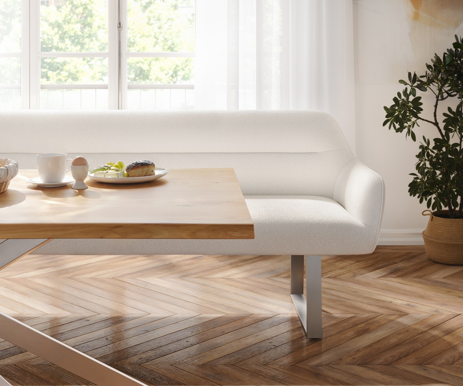 Banc-de-salle-à-manger Taya-Flex 200 cm bouclé crème-blanc piètement à patins angulaire acier inoxydable ressort ensaché 4