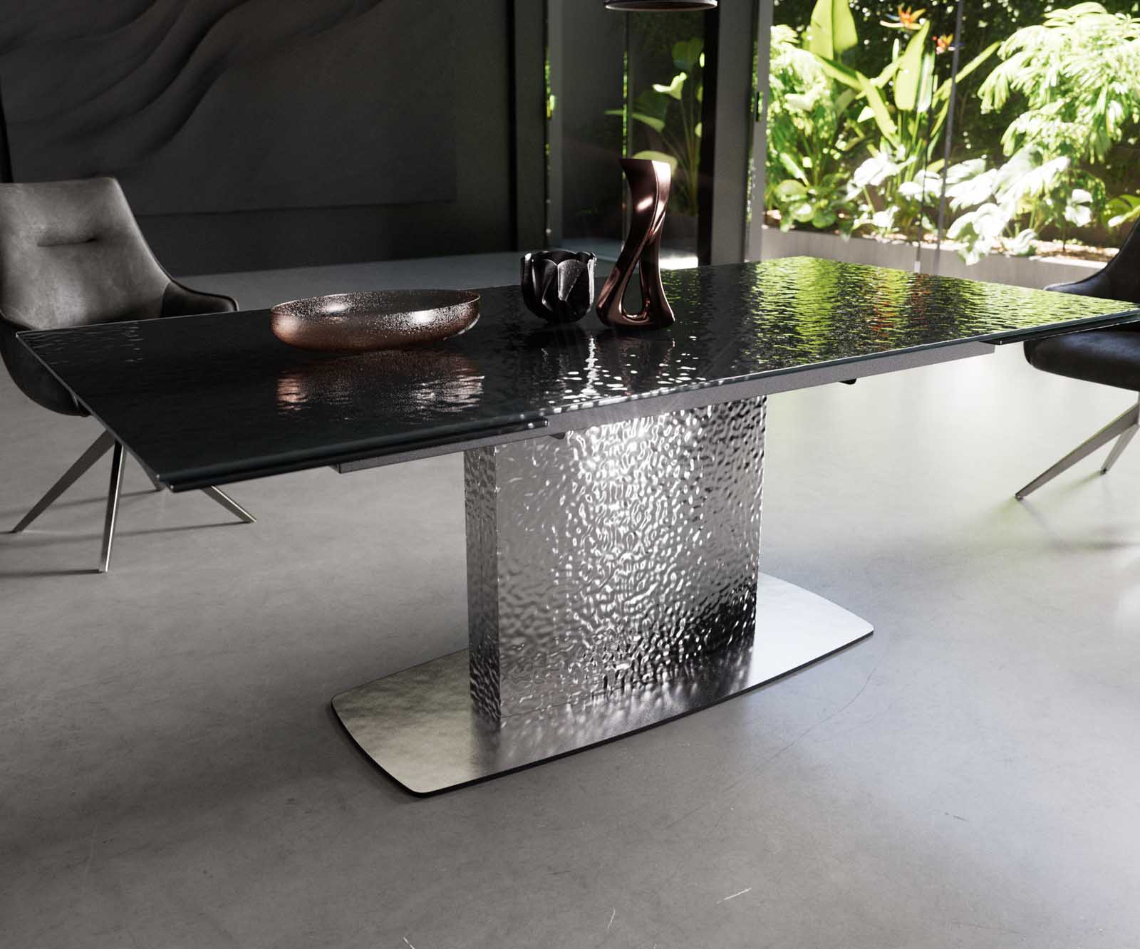 Table à manger Edge 200-300x100 verre fondu noir fumé relief en 3D Wave acier inoxydable extensible 4