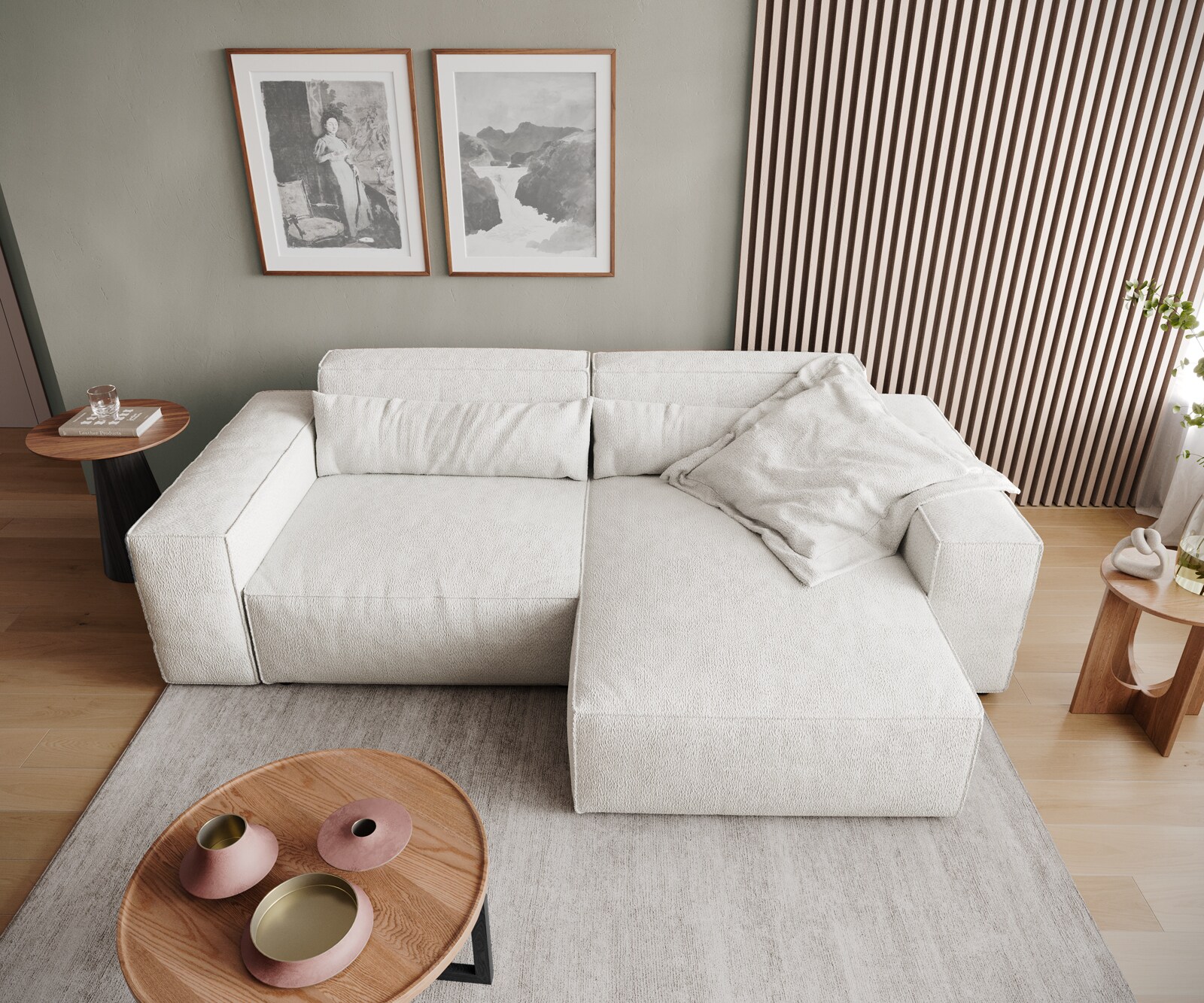 Canapé d'angle Sirpio 230x150 cm Bouclee Crème-blanc Recamiere variable 5