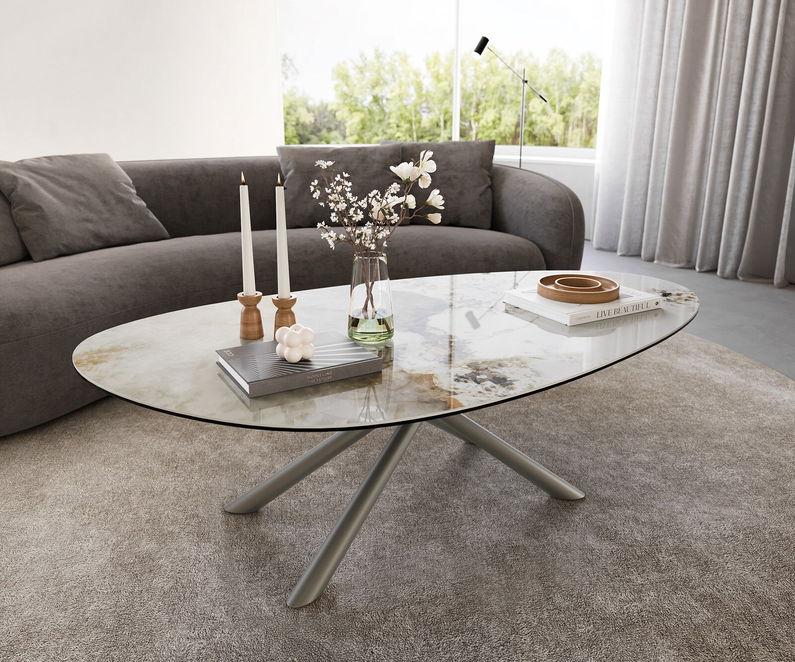 Table basse Edge Oval 140x75 cm céramique Minas Melange Sarity Metall finition effet titane 1