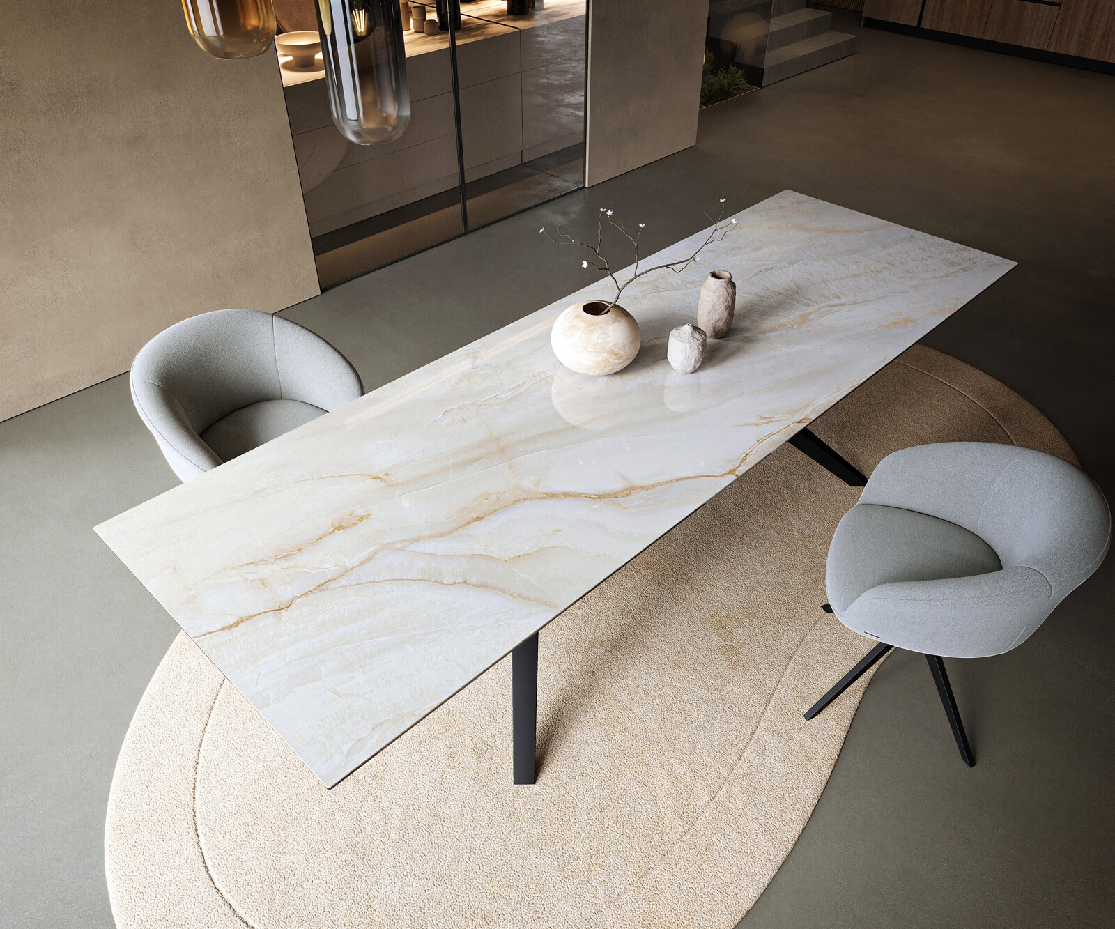 Table à manger Edge 300x100 cm céramique Onyx Pearl Zenthara angulaire métal noir 4