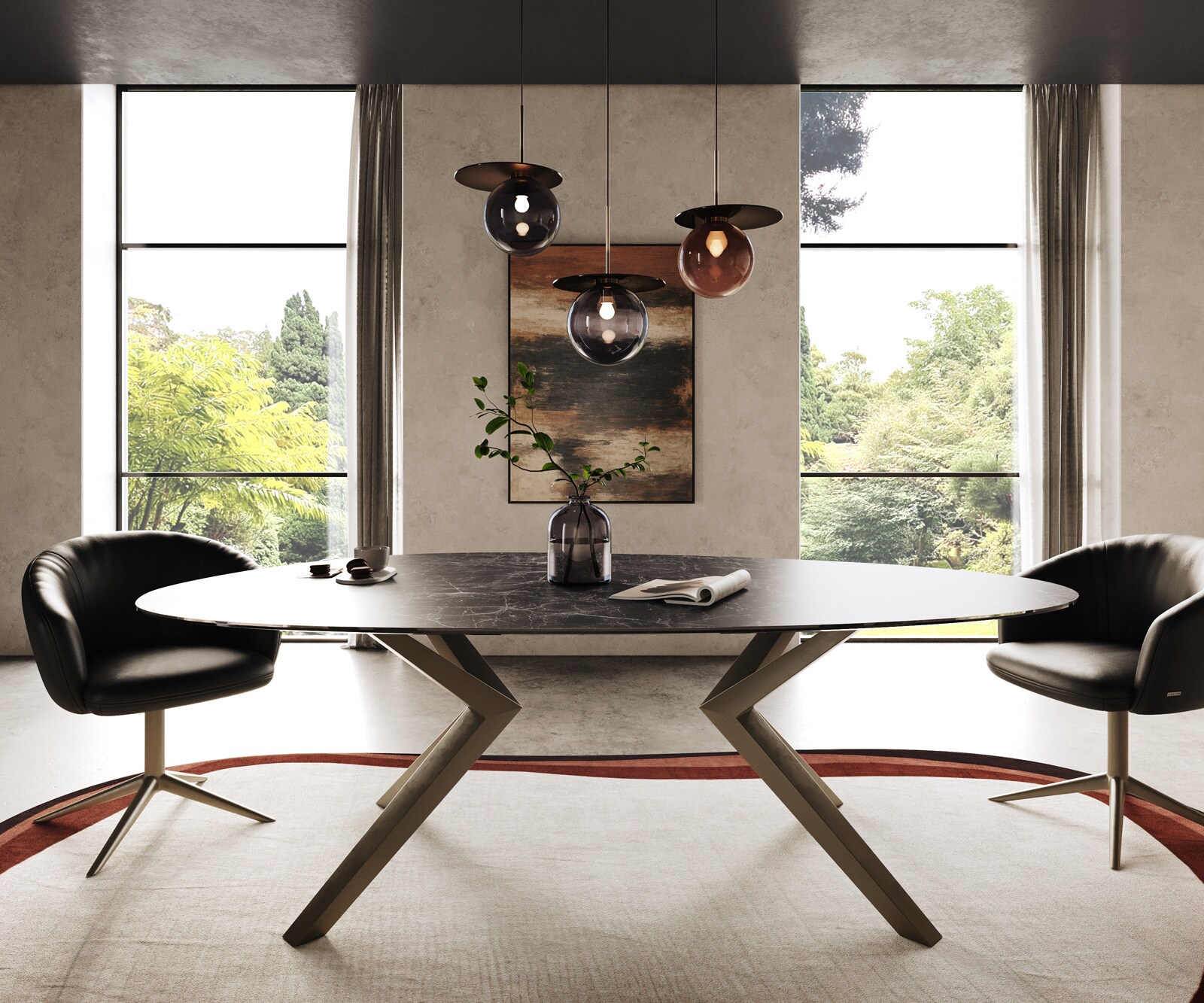 Table à manger Edge Ovale 220x120 Laminam® Céramique Nero Greco Anthracite Zenthara anguleux Métal finition à effet Titane 1