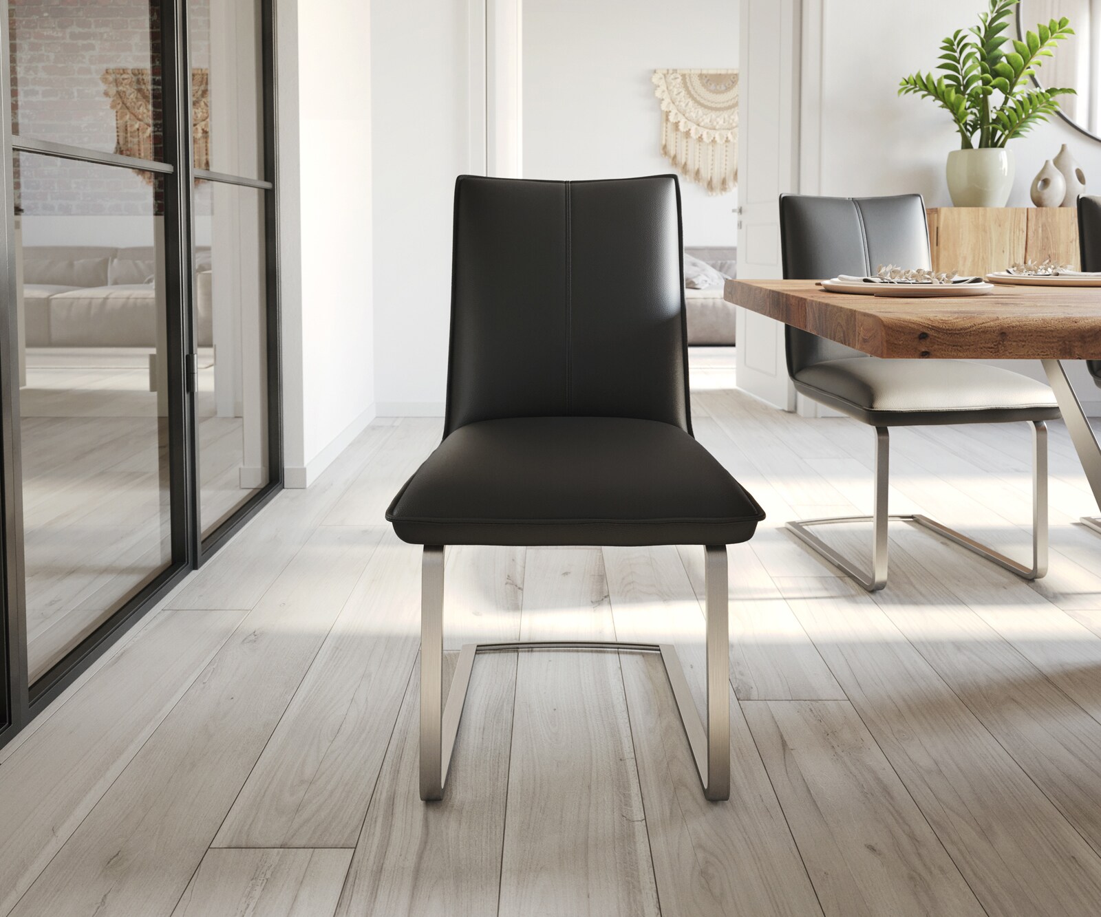 Cantilever Lelio-Flex cuir de vache noir pied cantilever plat acier inoxydable brossé ressorts ensachés 2