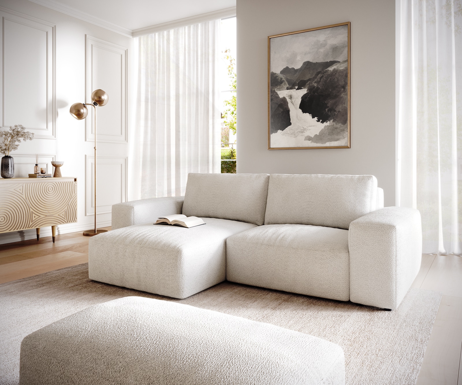 Canapé d’angle Lanzo 230x155 cm bouclé blanc crème méridienne réversible avec pouf