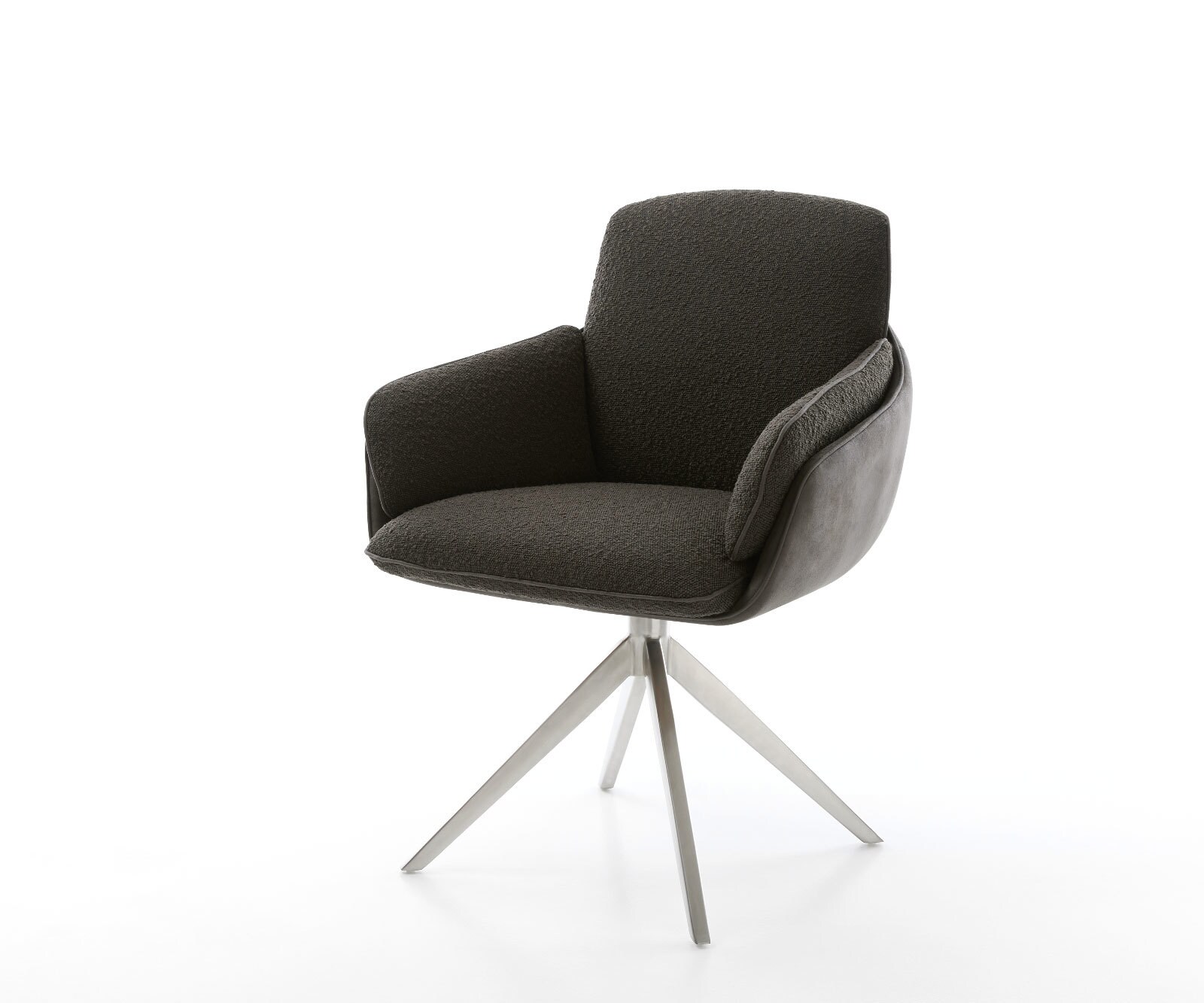Chaise-pivotante Luan-Flex avec accoudoirs tissu mixte noir pied croisé large acier inoxydable brossé pivotement sur 360° fonction bascule