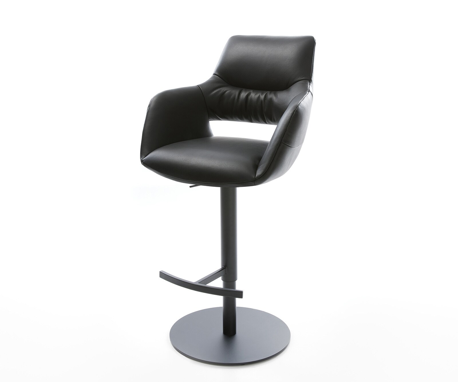 Chaise-de-bar Yago-Flex cuir véritable noir pied pivotant réglable en hauteur métal noir pivotant ressorts ensachés