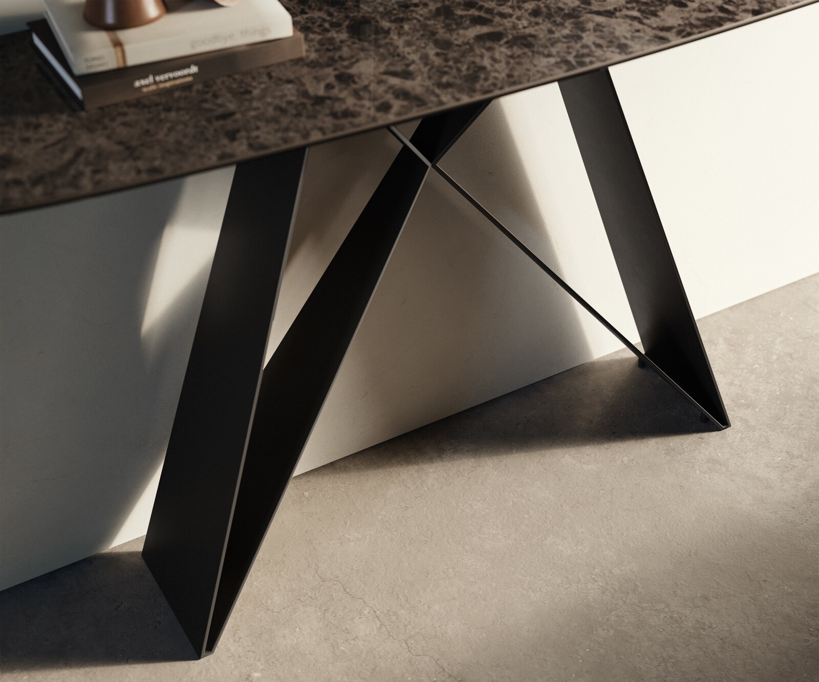 Console Edge forme bateau 140x40 cm Céramique Emperador Extra Lucidato Dunkelbraun Velio Métal Noir 5