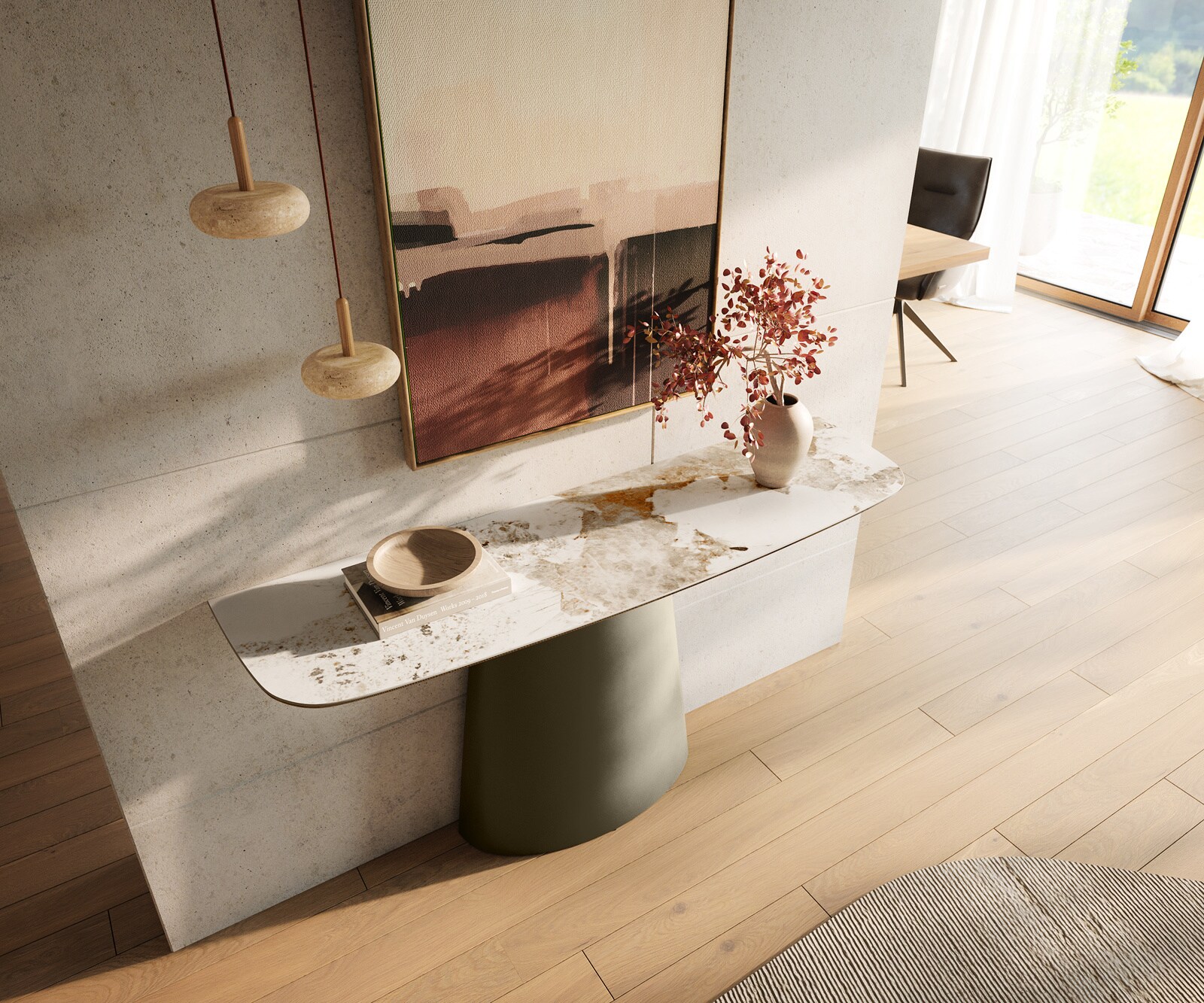 Console Edge forme bateau 140x40 cm Céramique Minas Melange Weiß-Beige Conos Métal Effektfinish Titan 1