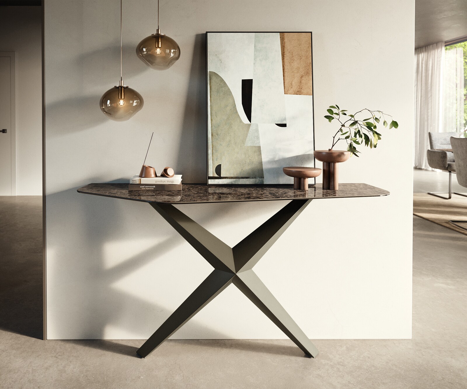 Console Edge Polygonal 140x50 cm Céramique Emperador Extra Lucidato Dunkelbraun Zentharo Métal Effektfinish Titan