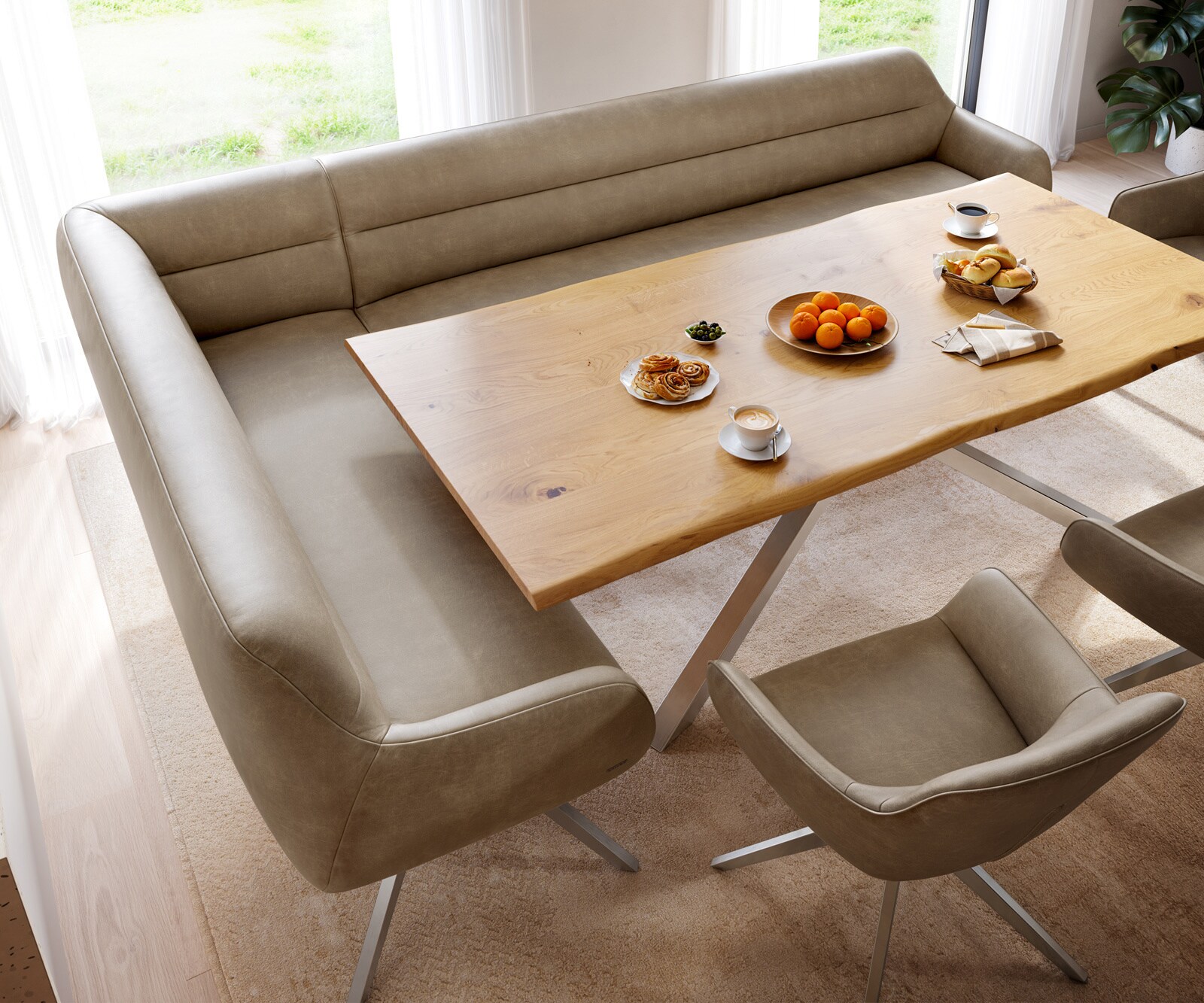 Banc-de-salle-à-manger Taya-Flex 285x190 cm microfibre beige vintage pied croisé angulaire acier inoxydable ressort ensaché à droite 4