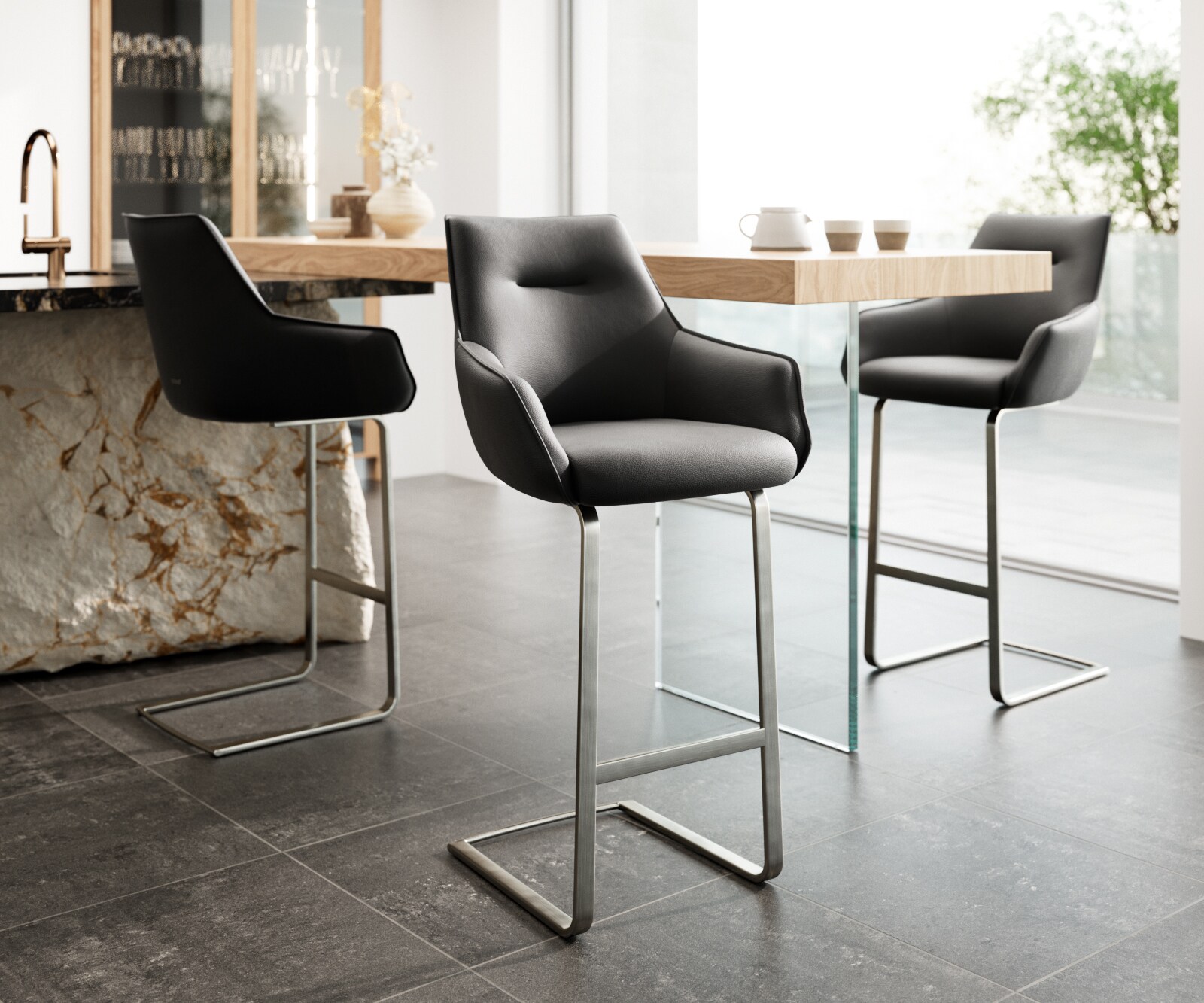 Chaise-de-bar Alja-Flex cuir véritable noir cadre luge plat acier inoxydable ressorts ensachés