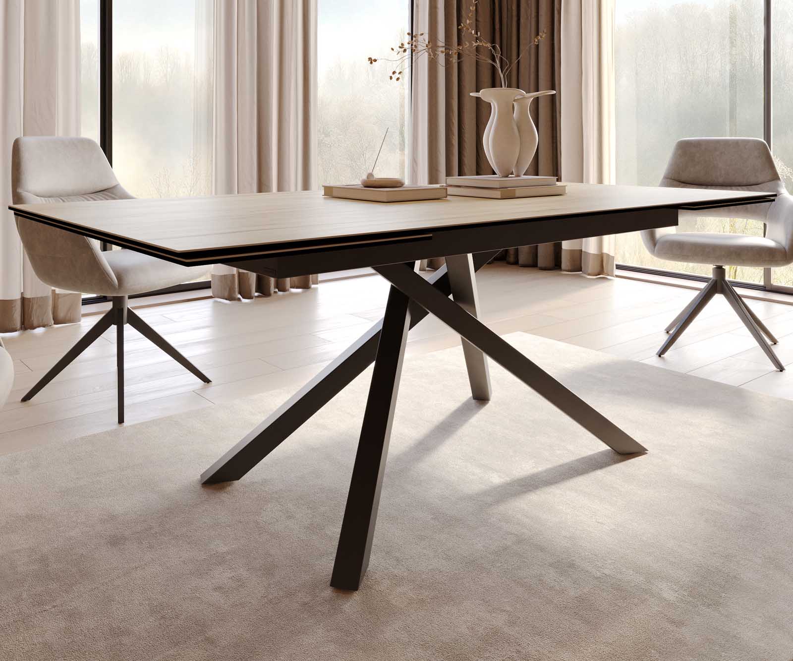 Table à manger Edge 200-300x100 céramique Laminam® Sabbia couleur chêne cadre croisé rectangulaire noir extensible 5