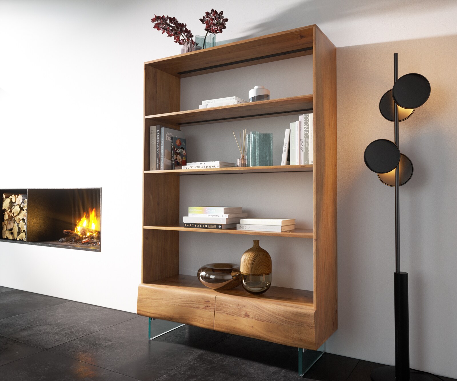 Étagère New Live-Edge 115x150 cm acacia naturel 2 tiroirs pieds en verre 