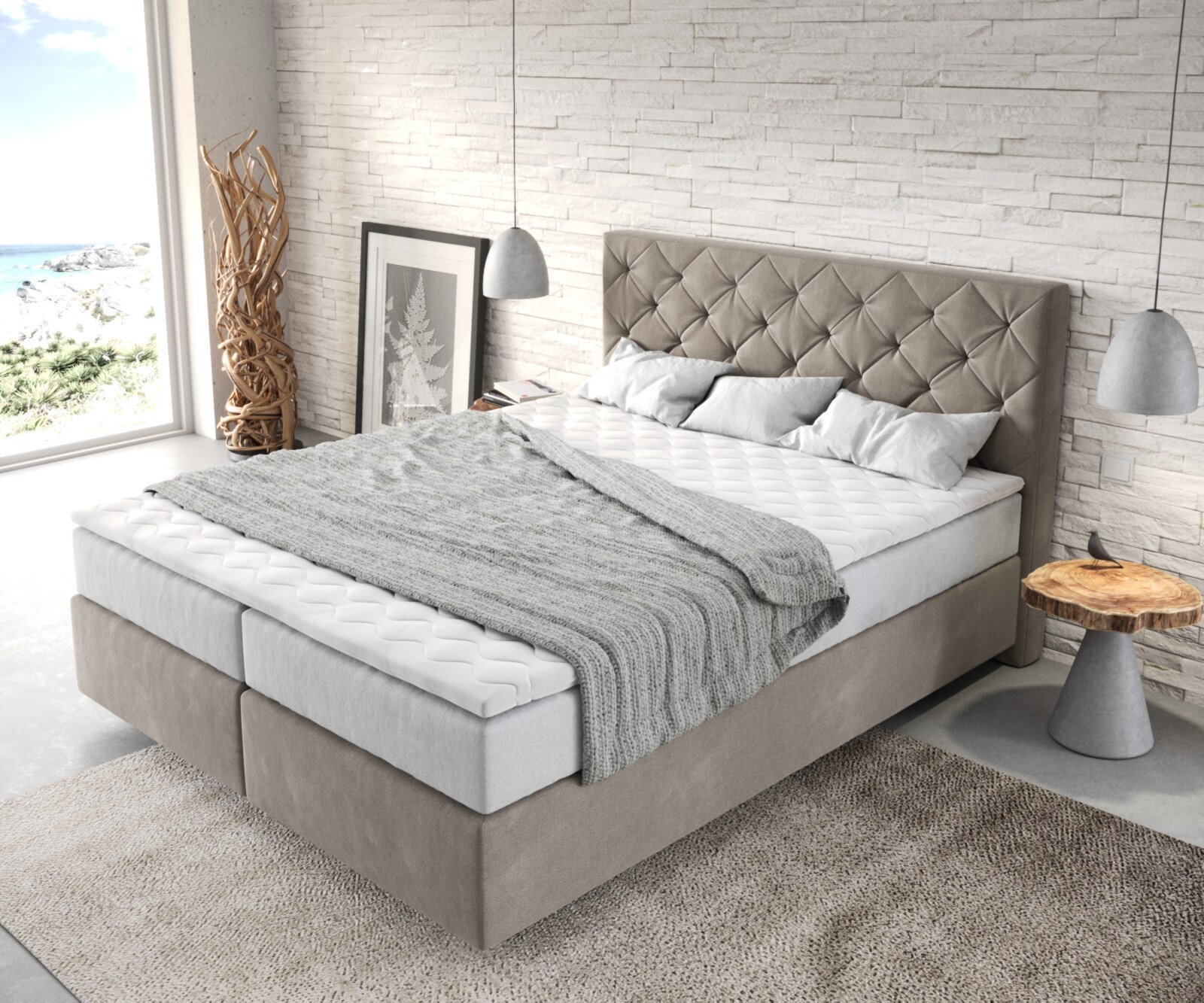 Lit-à-sommier-tapissier Dream-Great 160x200 cm Microfibre Beige avec matelas TFK et Surmatelas viscoélastique 3