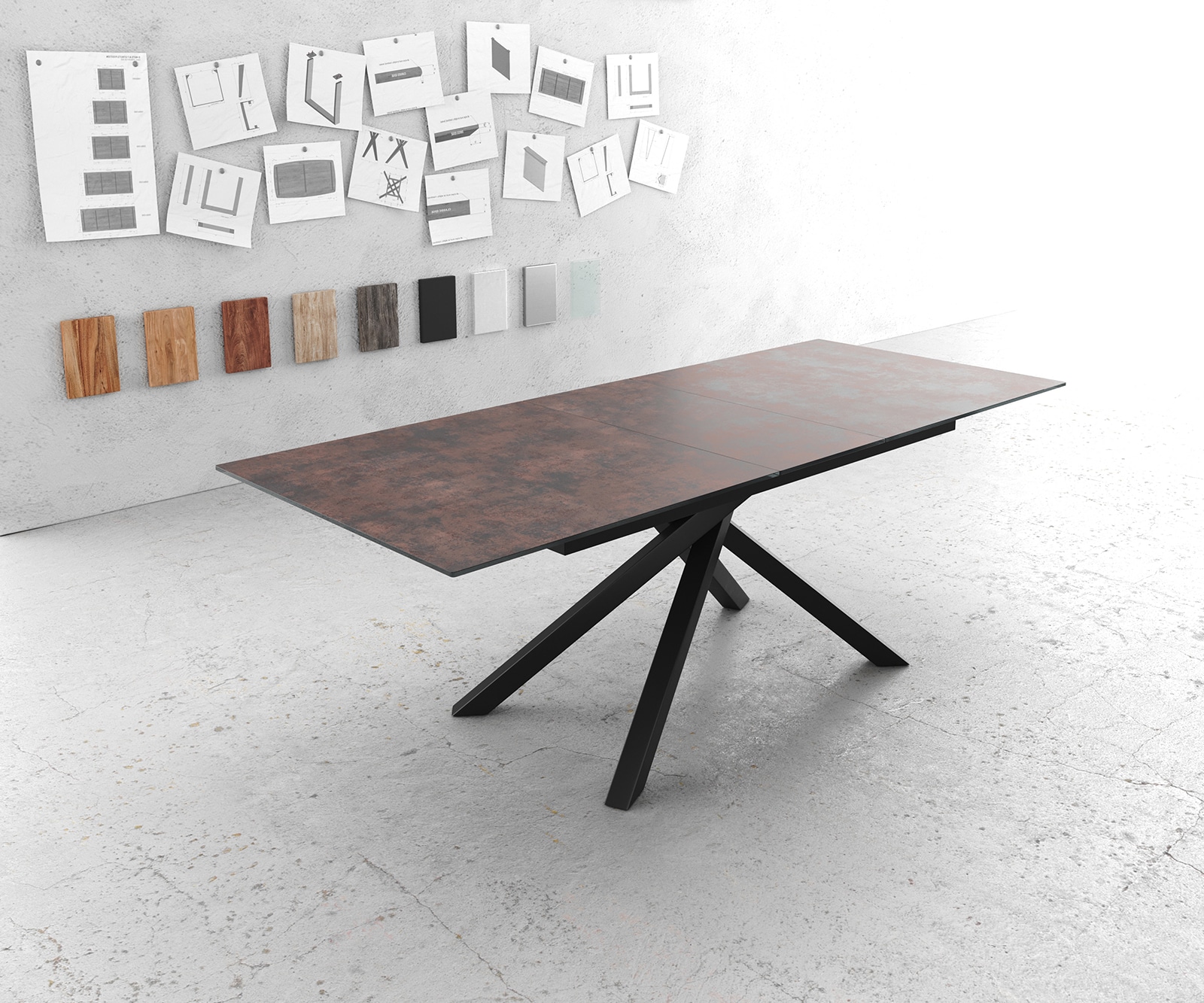 Table-à-manger Edge 180-220x90cm verre Antique-marron pieds milieu croisé noir 1