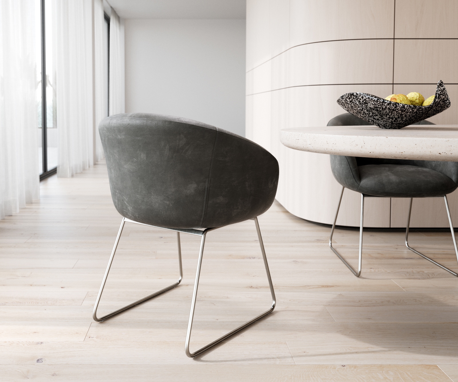 Chaise-de-salle-à-manger Vinka-Flex avec accoudoirs microvelours anthracite vintage pied trapèze acier inoxydable brossé ressorts ensachés 4 Chaise-de-salle-à-manger Vinka-Flex avec accoudoirs microvelours anthracite vintage pied trapèze acier inoxydable brossé ressorts ensachés 4