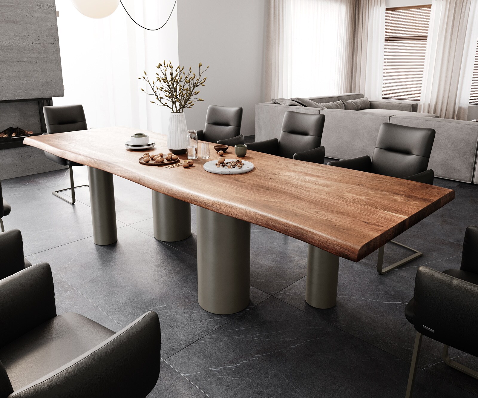 Table à manger Edge 300x100 XL Acacia Marron Pilier Métal finition à effet Titane Live-Edge 1