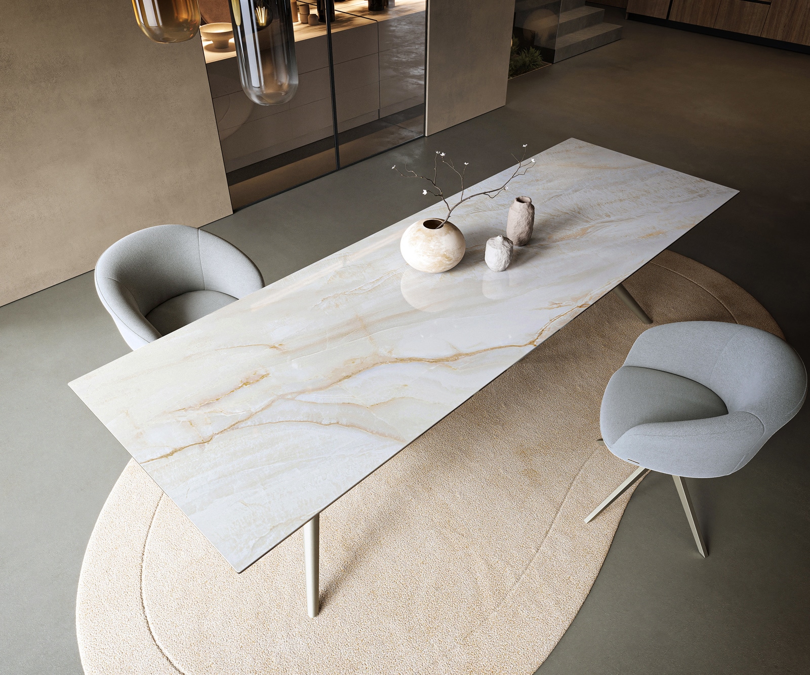 Table à manger Edge 300x100 cm céramique Onyx Pearl Estelar rond métal finition effet titane 3