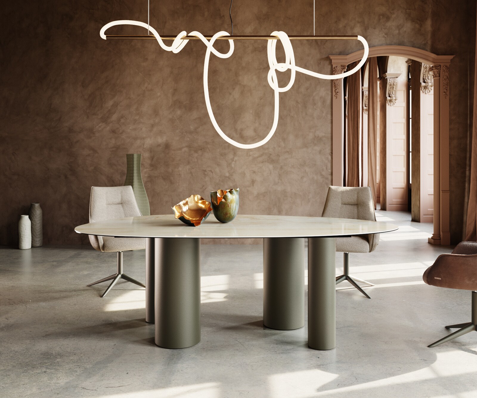 Table à manger Edge Ovale 220x120 Céramique Iris FMG Onice Oro Pilier Métal finition à effet Titane 4 Table à manger Edge Ovale 220x120 Céramique Iris FMG Onice Oro Pilier Métal finition à effet Titane 4