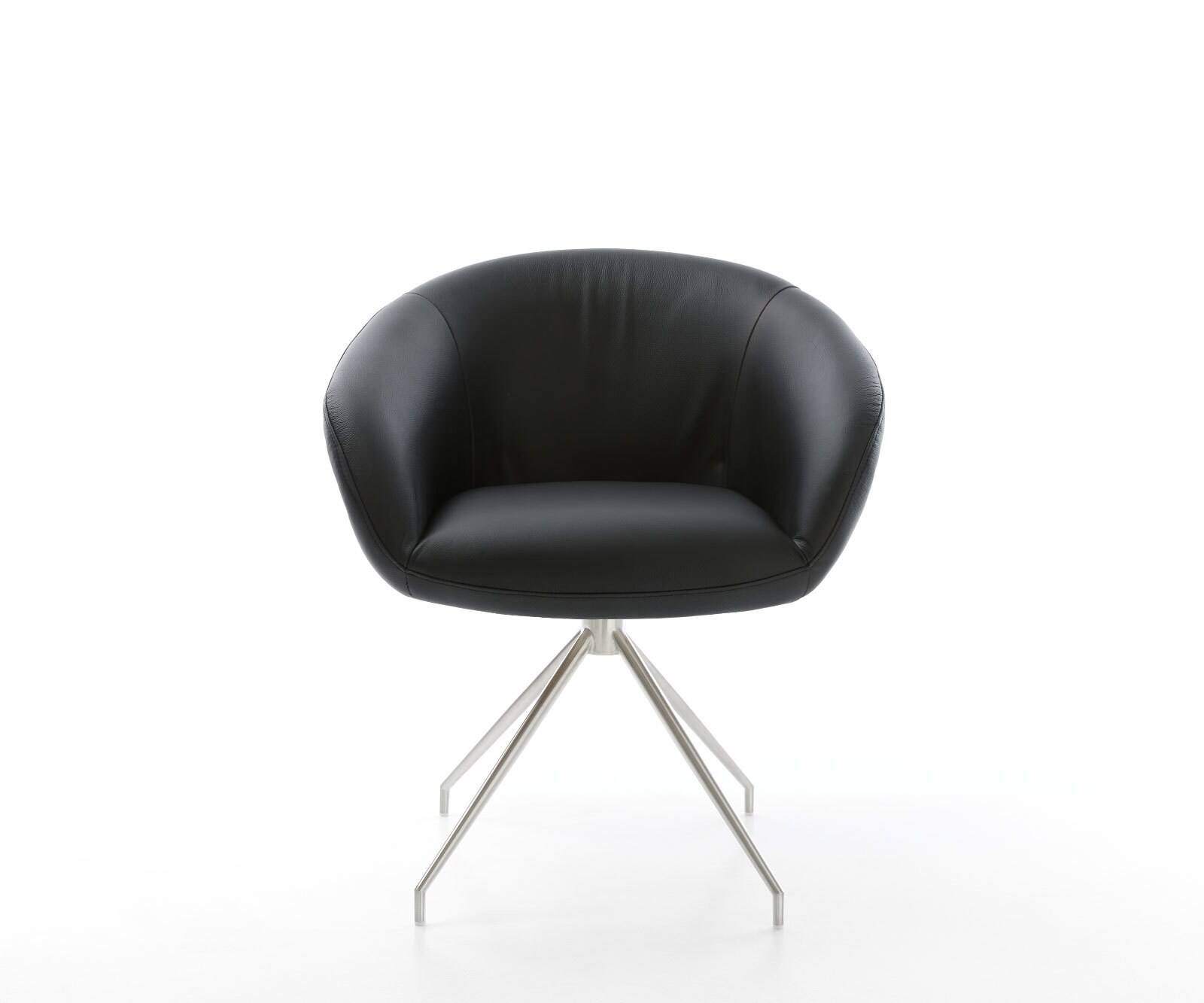 Chaise-pivotante Vinka-Flex avec accoudoirs cuir de vache noir pied croisé conique acier inoxydable brossé pivotement sur 180° ressorts ensachés 2